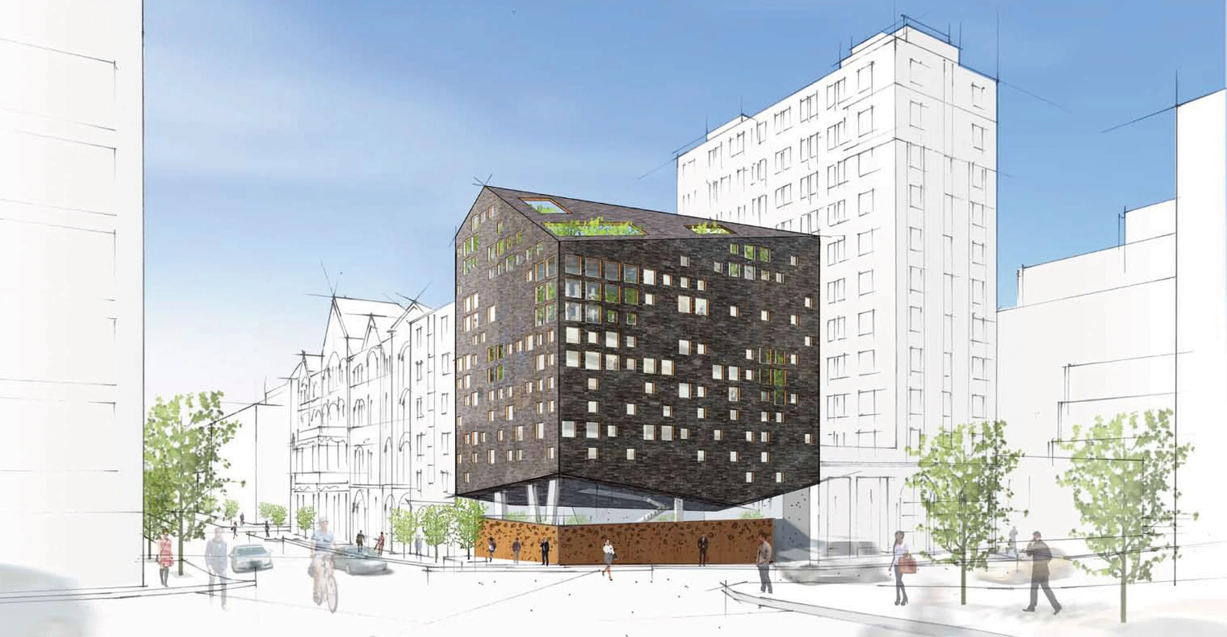 Architectural perspective drawing of a dark volumetric building lifted on pilotis above a rusted metal base within an urban street context.