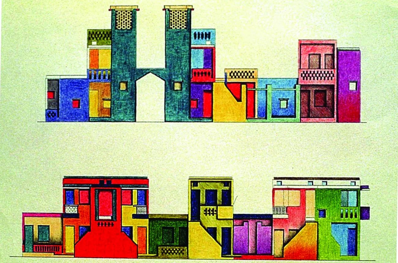 Colorful hand-drawn elevations of Aranya Low Cost Housing by Balkrishna Doshi.