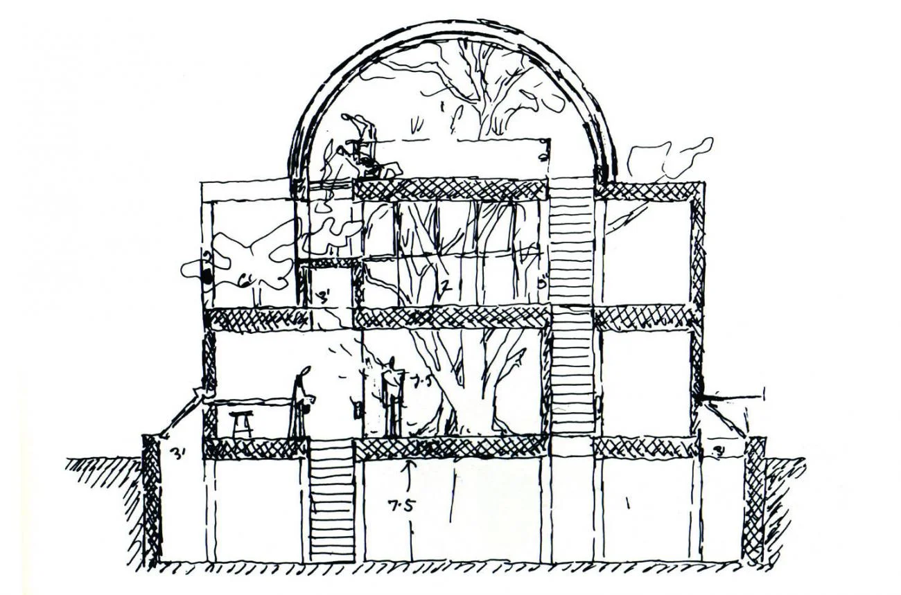 Hand-drawn architectural section of Sangath by Balkrishna Doshi, showing barrel vaults and sunken levels.