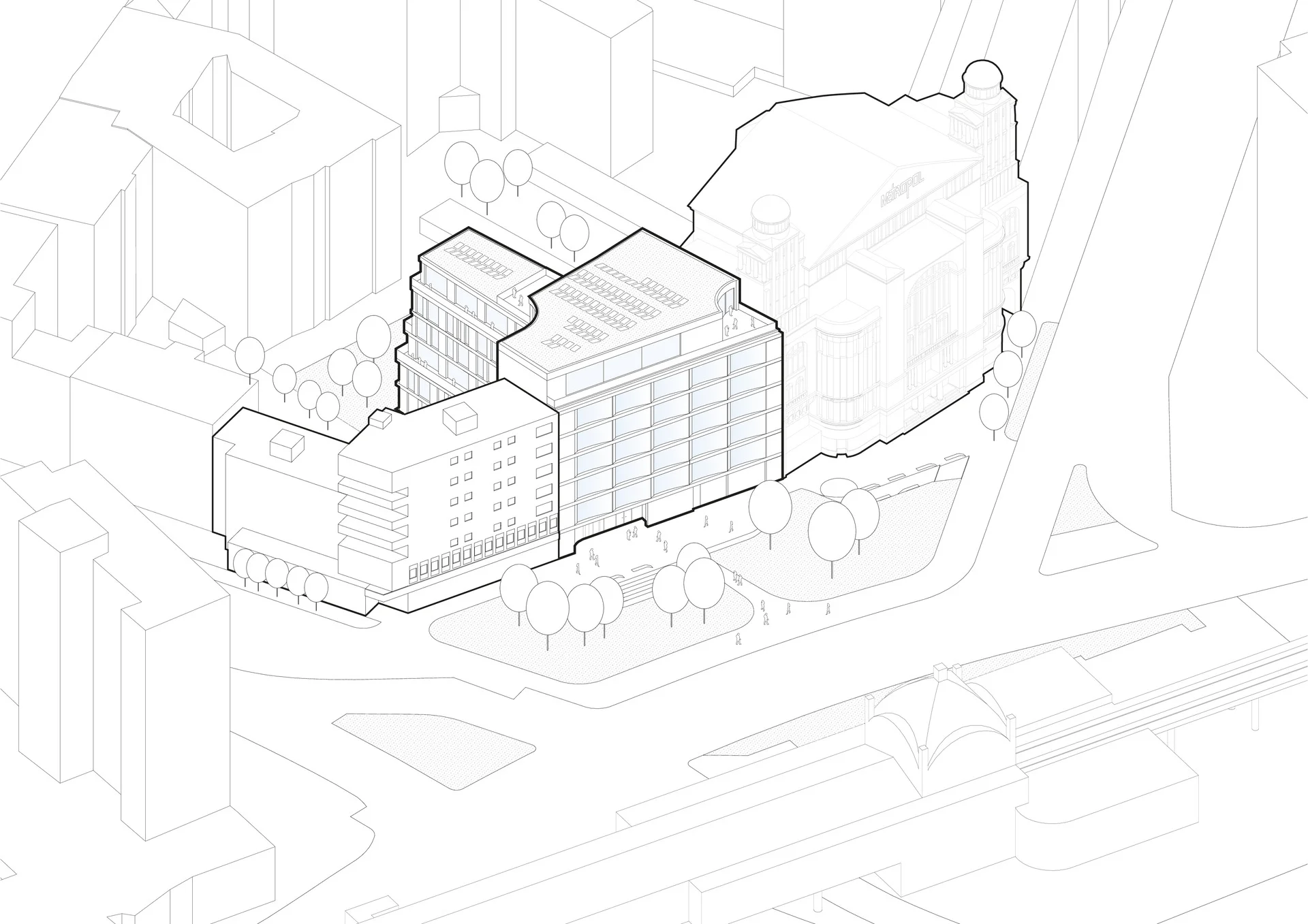 Axonometric line drawing by HENN showing the NO6 office building at Nollendorfplatz inserted into an urban block context next to an existing historic theater.