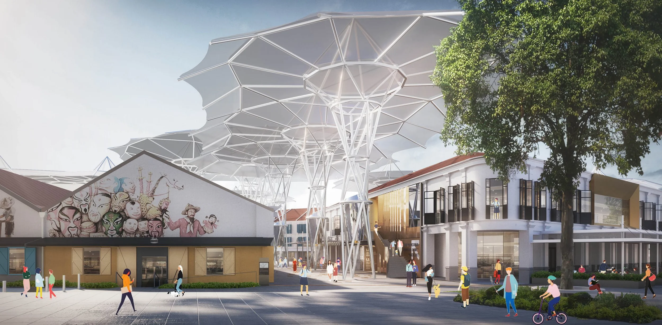 Rendering of Clarke Quay Rejuvenation by Formwerkz Architects featuring large tensile umbrella canopies over historic shophouses.