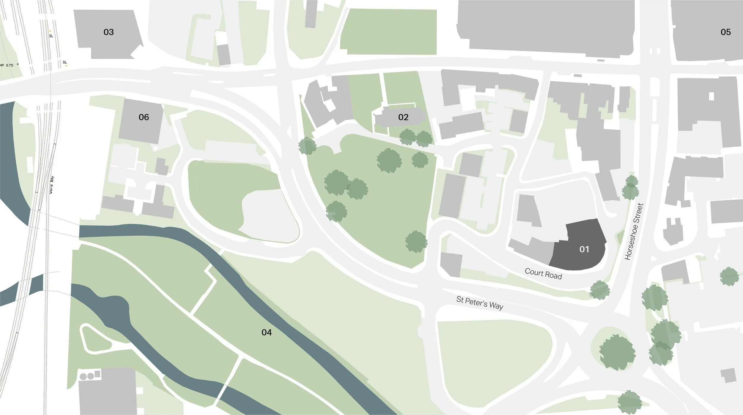 Site plan masterplan diagram by Stefan Shaw Studio for Court Road showing context layout, street networks, and numbered building volumes.
