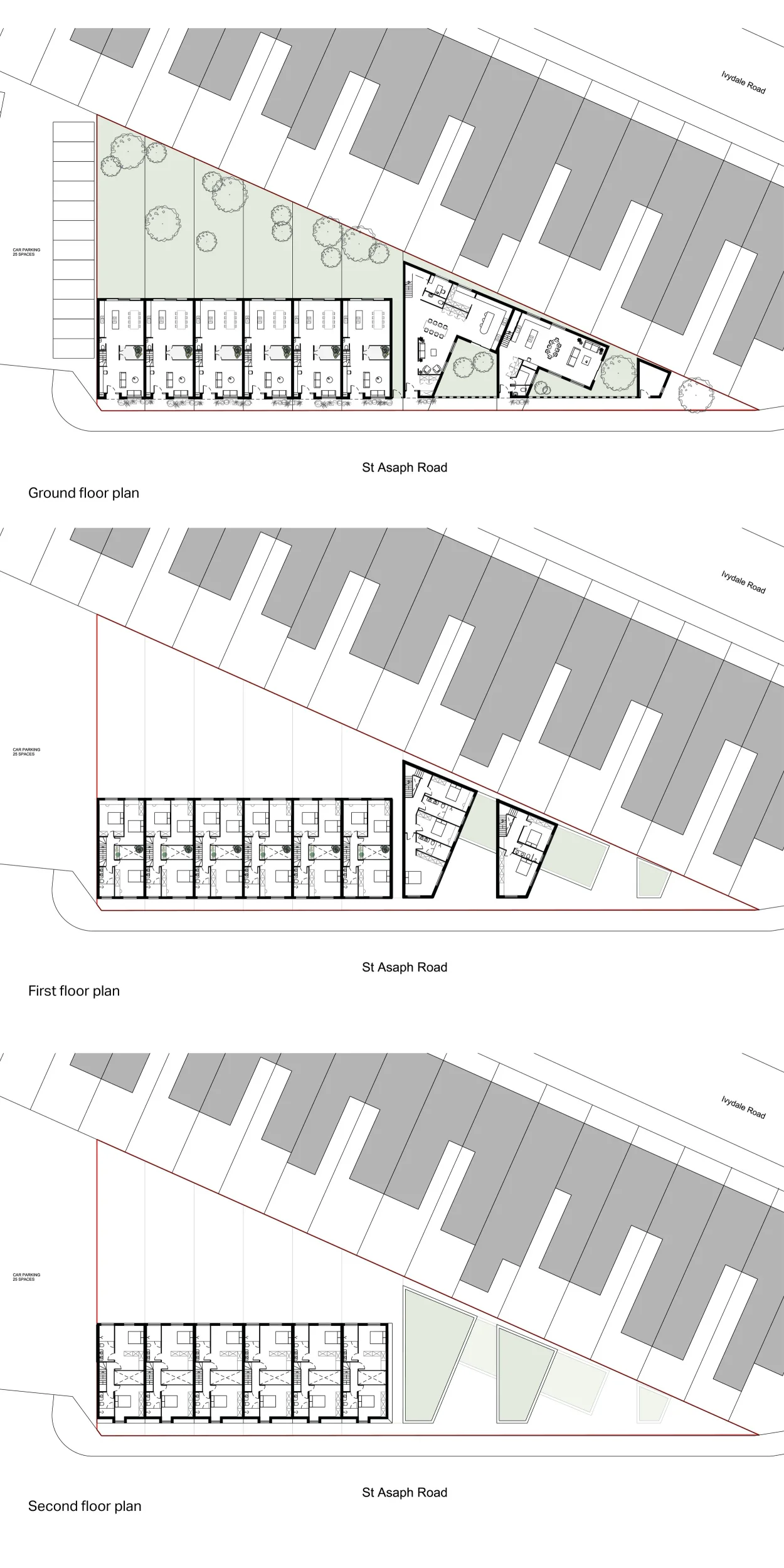 Ground, first, and second floor plans for St Asaph Road by Stefan Shaw Studio showing residential layout on an irregular wedge site.