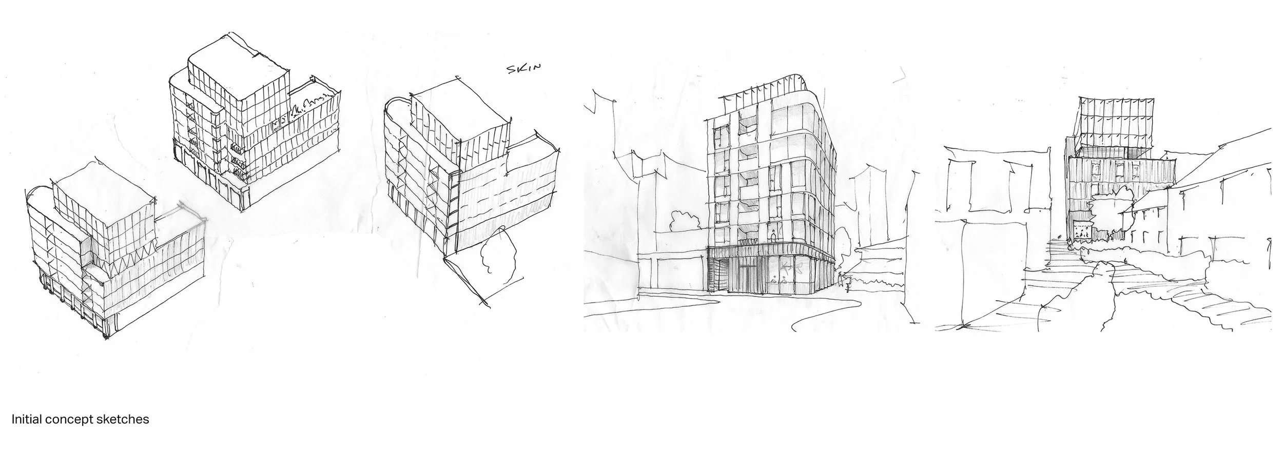 Initial concept sketches by Stefan Shaw Studio showing volumetric massing studies and street perspectives for Nolans.