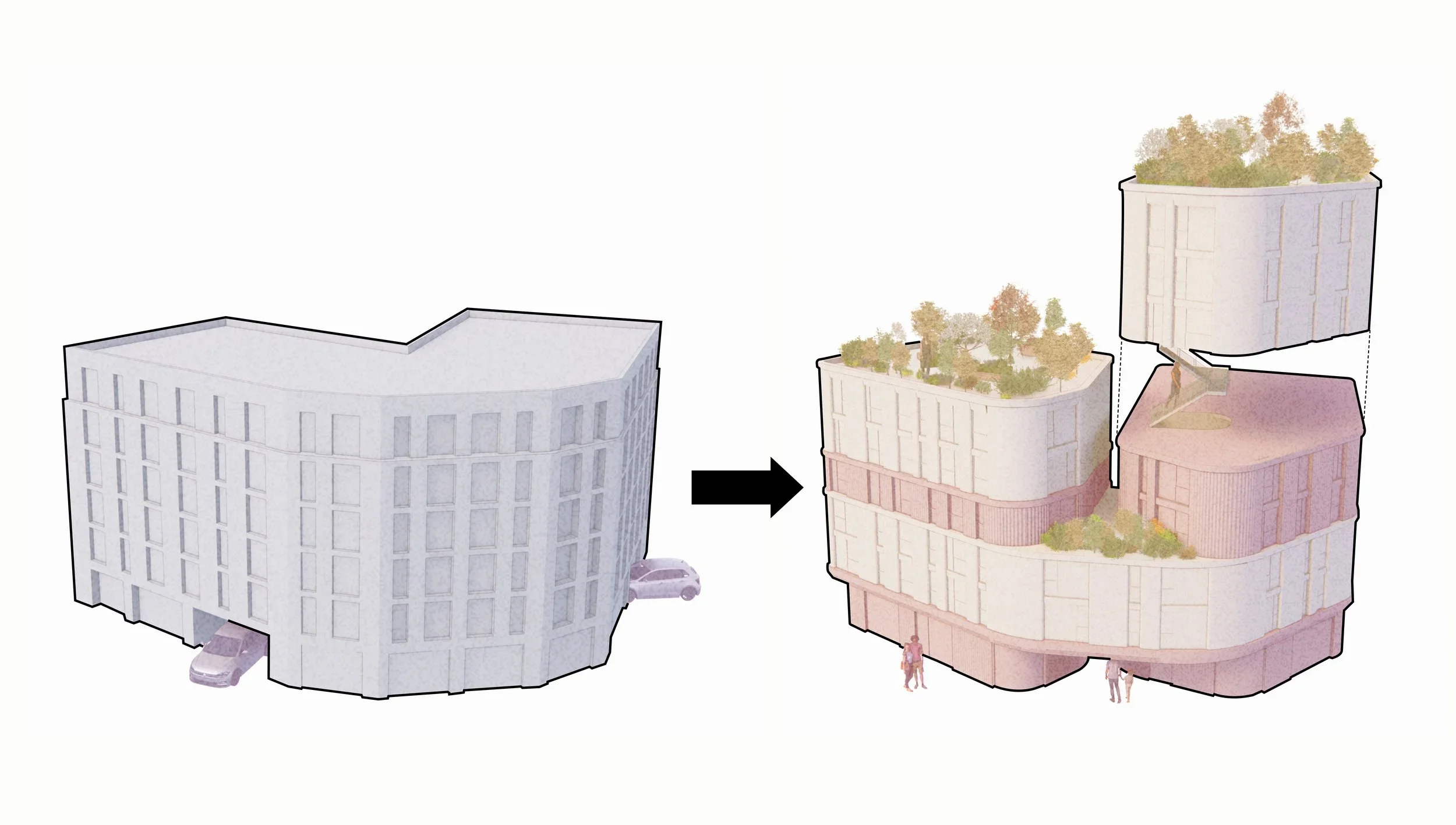 Axonometric diagram by Stefan Shaw Studio showing an existing monolithic building mass transforming into a terraced, planted multi-volume block.
