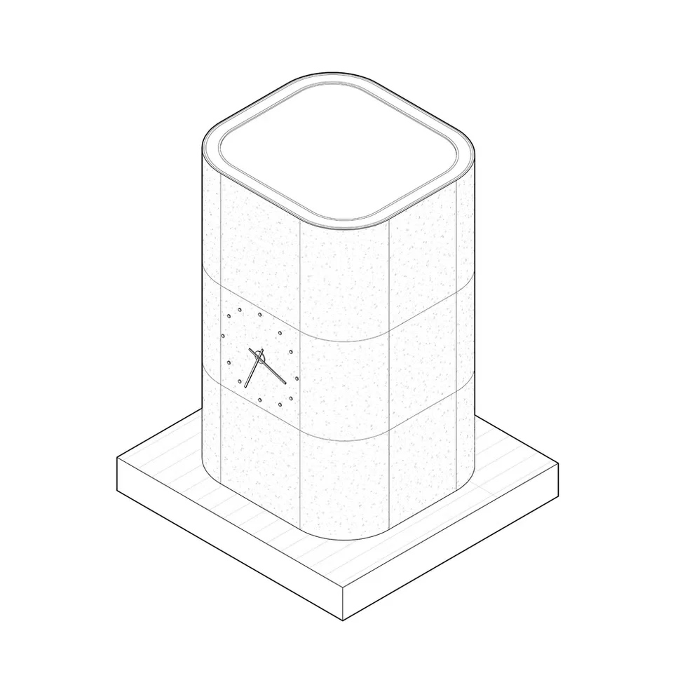 Axonometric line drawing of a monolithic clock tower or bollard with rounded corners on a plinth base.
