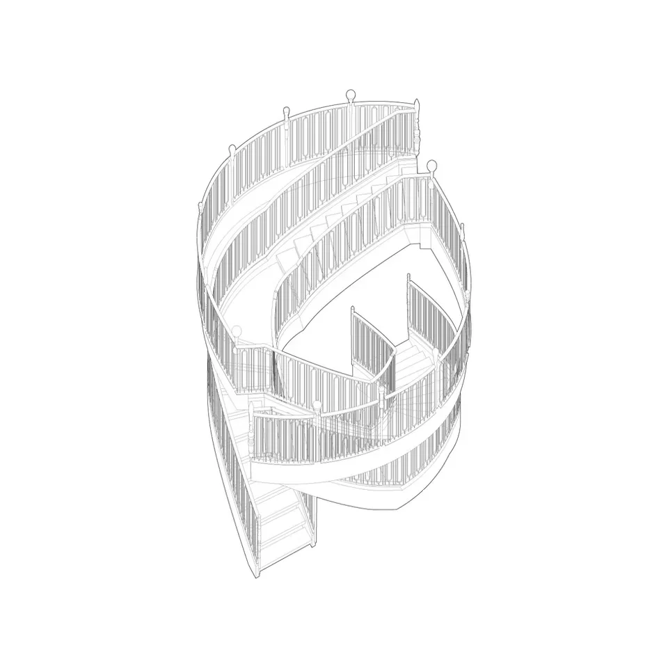 Axonometric line drawing of a complex multi-tier curved staircase with detailed balustrades by SSUPERETTE.
