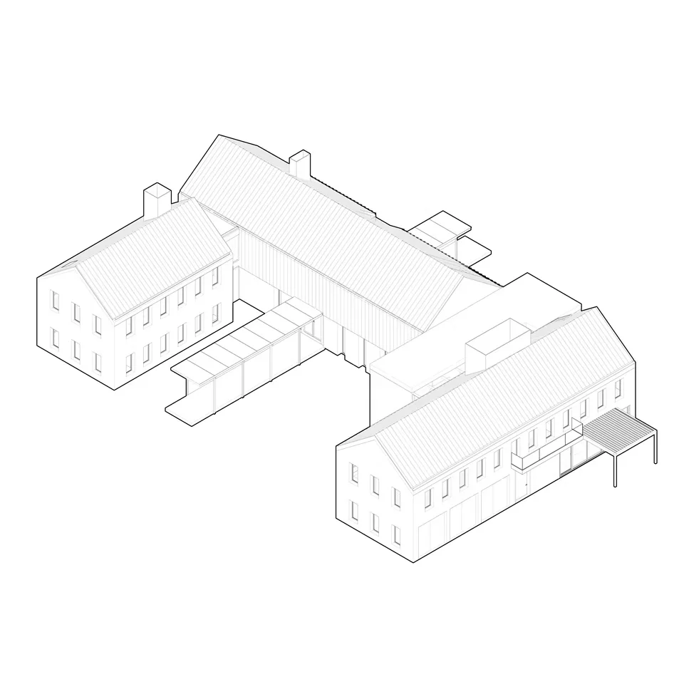 Axonometric line drawing of a U-shaped multi-volume gable-roofed building complex by SSUPERETTE.