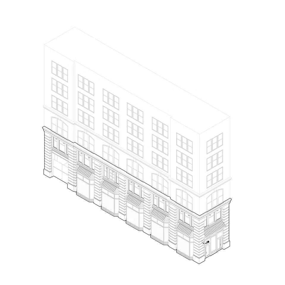 Axonometric line drawing of a multi-story urban building facade with a heavily articulated retail base by SSUPERETTE.