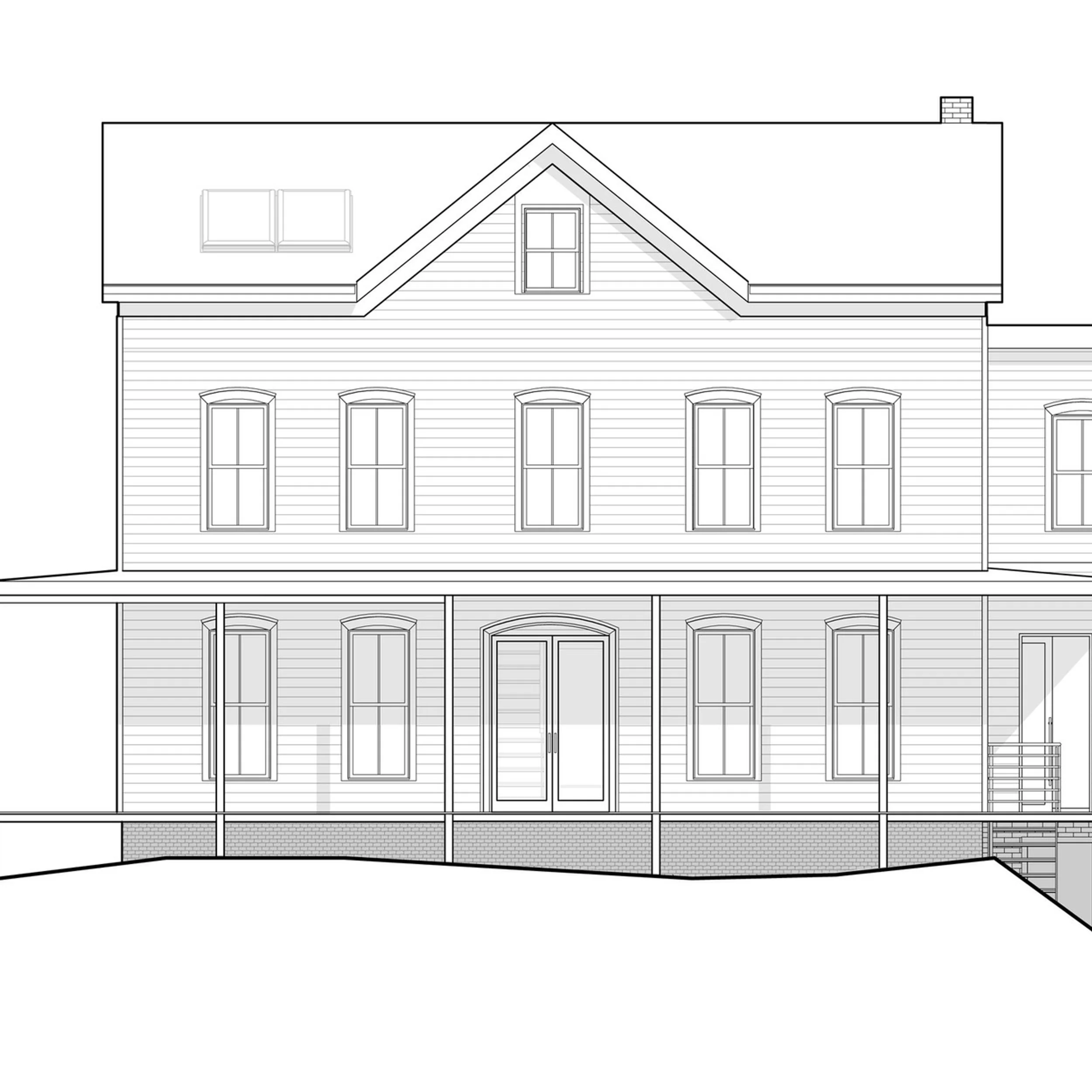 Architectural elevation drawing of a multi-story traditional house with clapboard siding and a wrap-around porch by SSUPERETTE.