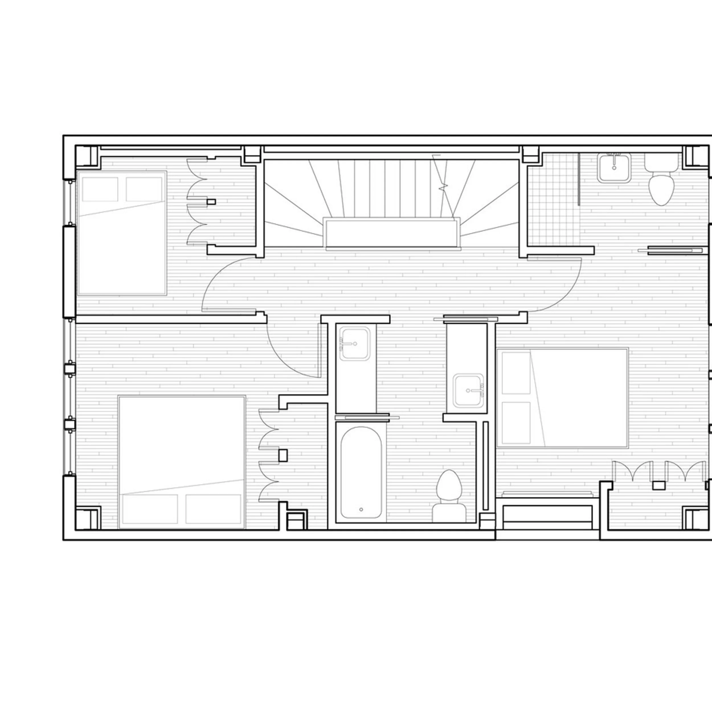 Architectural floor plan by SSUPERETTE showing a residential multi-room layout with a central circulation corridor and stair.