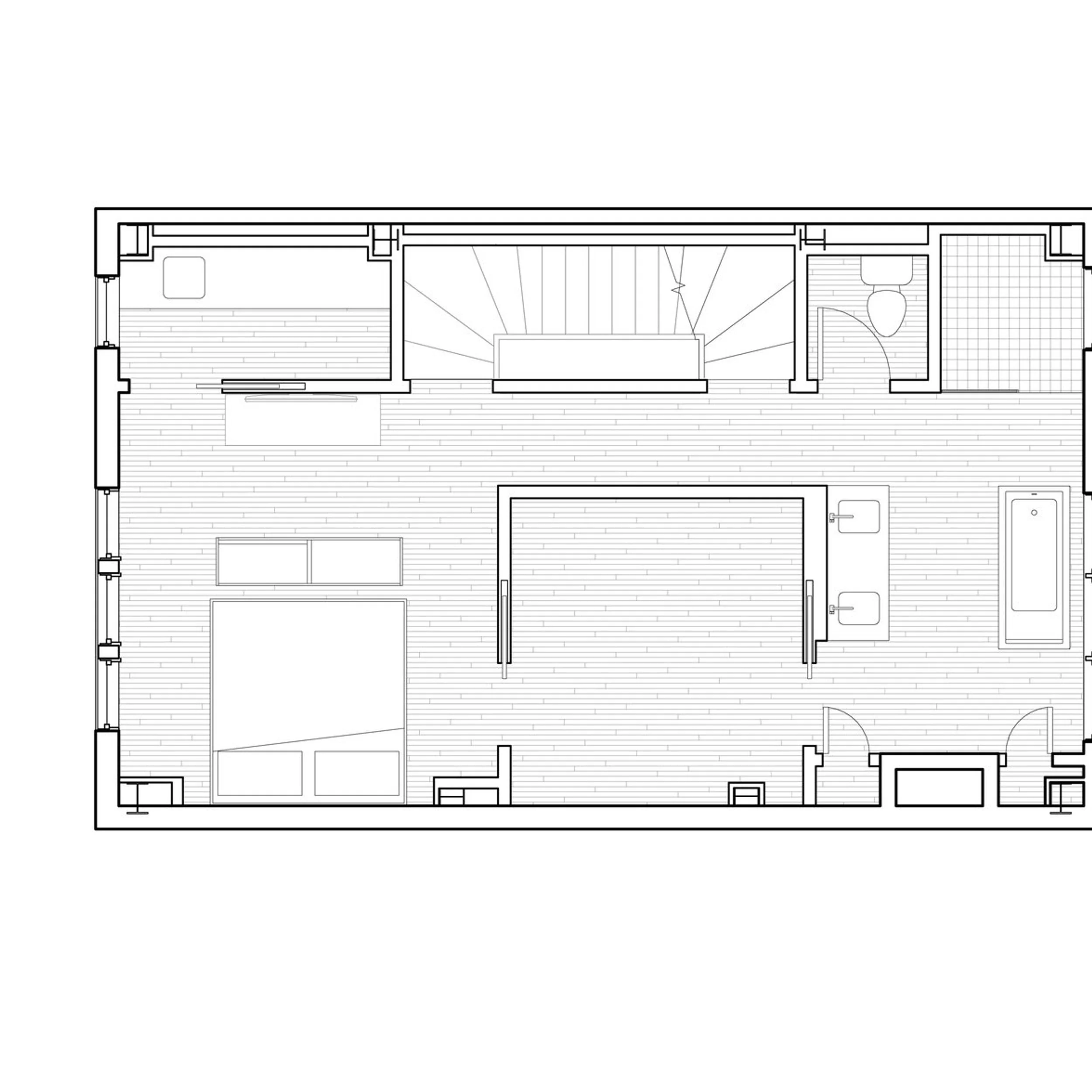 Architectural floor plan drawing showing a rectangular open-plan interior layout with central core elements by SSUPERETTE.