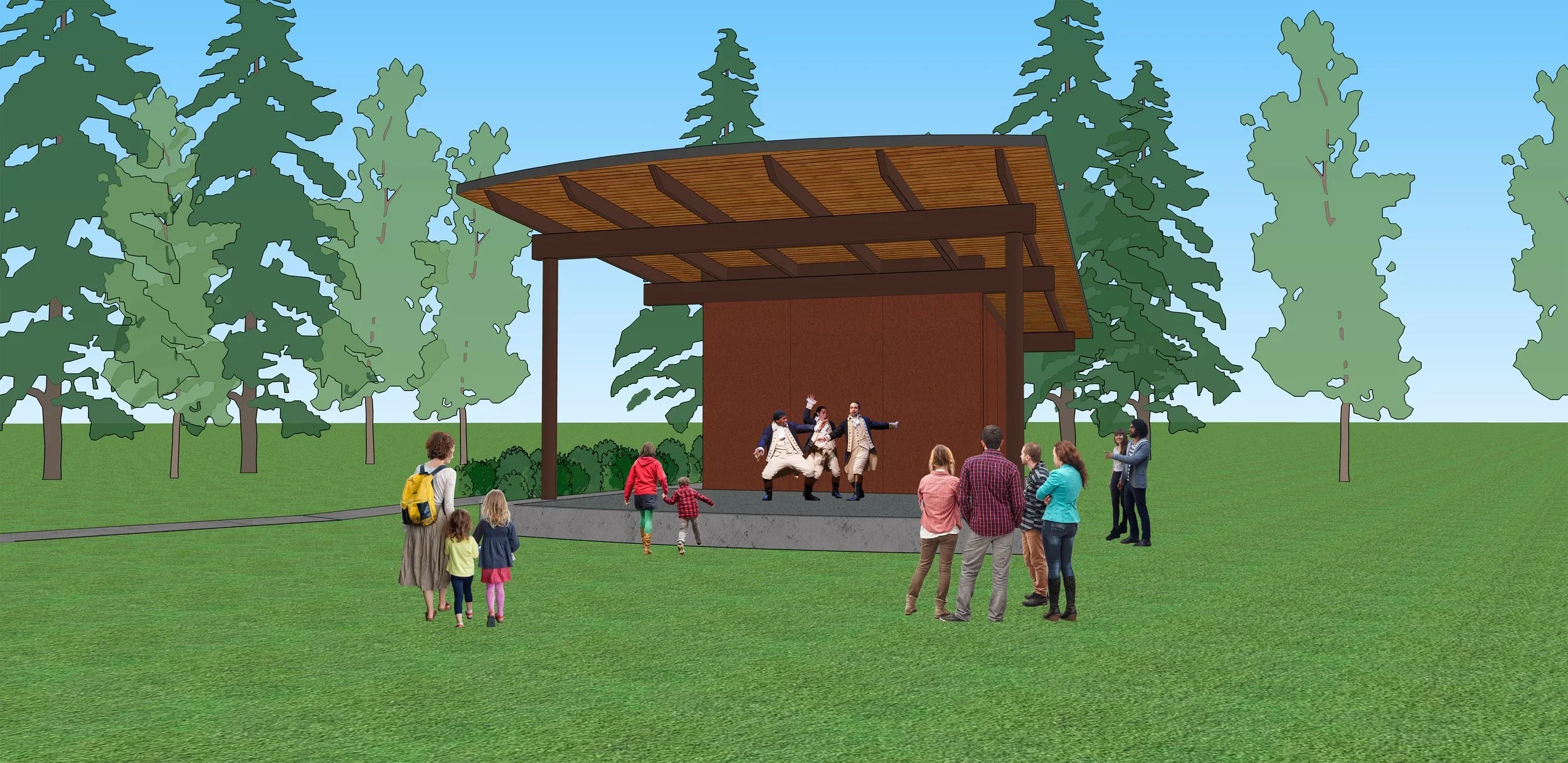 Digital 3D rendering of an outdoor timber amphitheater stage by ORA, set in a grassy park surrounded by trees.