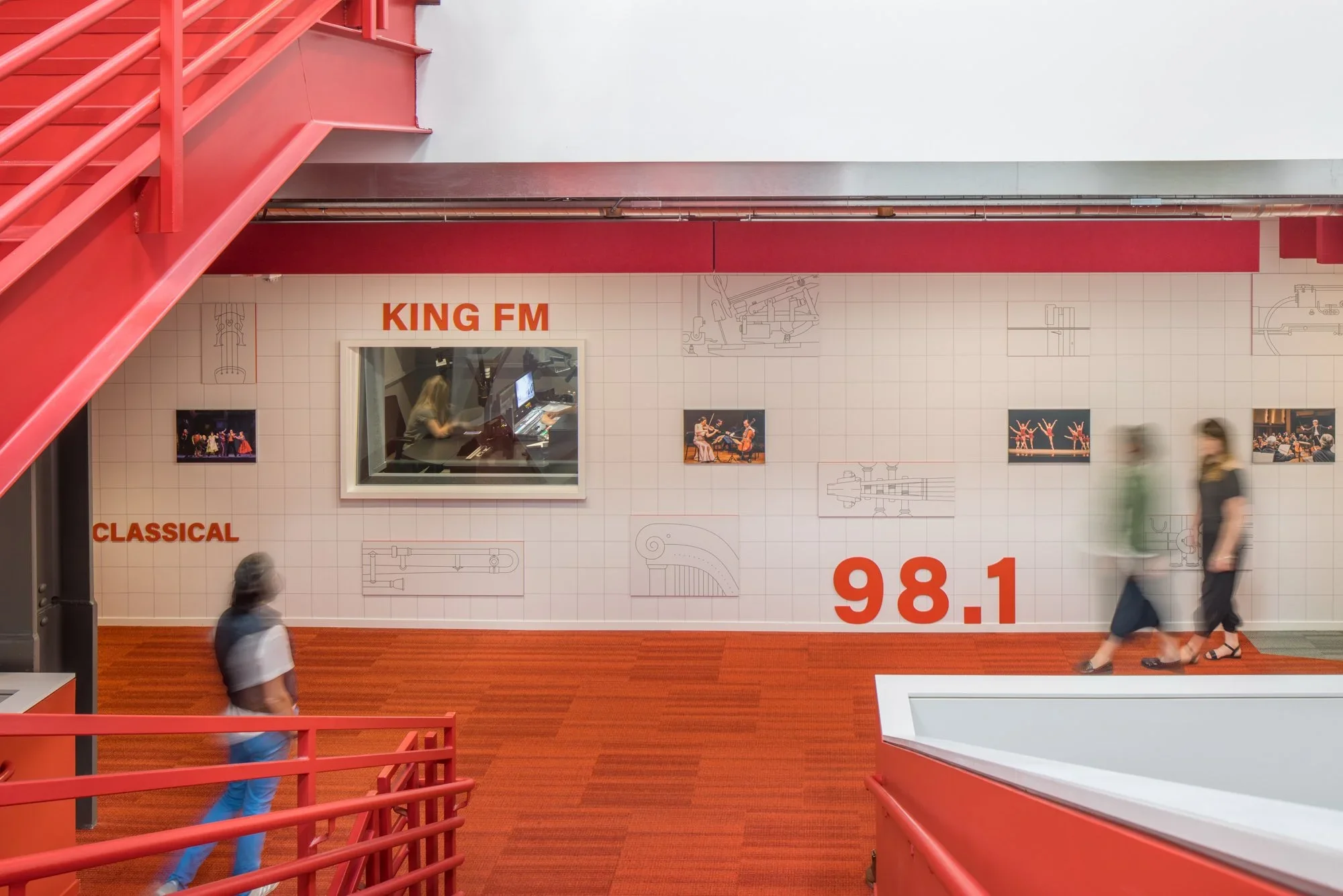 Interior public broadcast studio and stair hall for Classical KING FM 98.1 by Oonagh Ryan Architects.