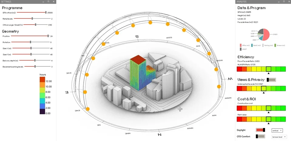 Interactive parametric daylight analysis dashboard showing a color-coded tower model beneath a solar dome by CHAP x DIFFERENTIAL.