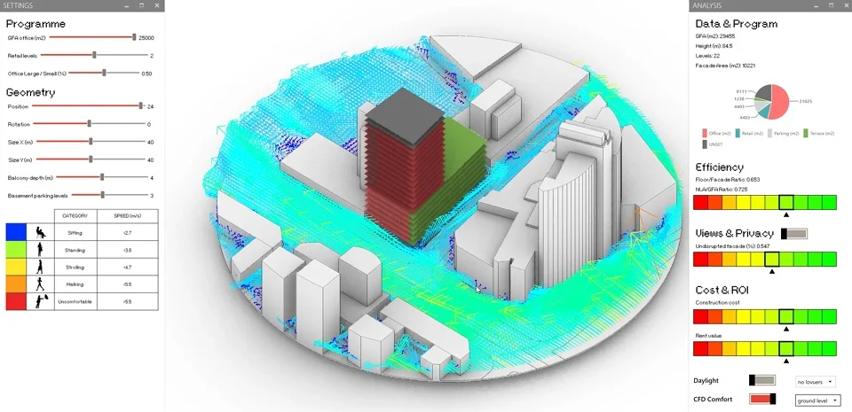 Parametric urban wind analysis dashboard and 3D massing simulation by CHAP x DIFFERENTIAL.