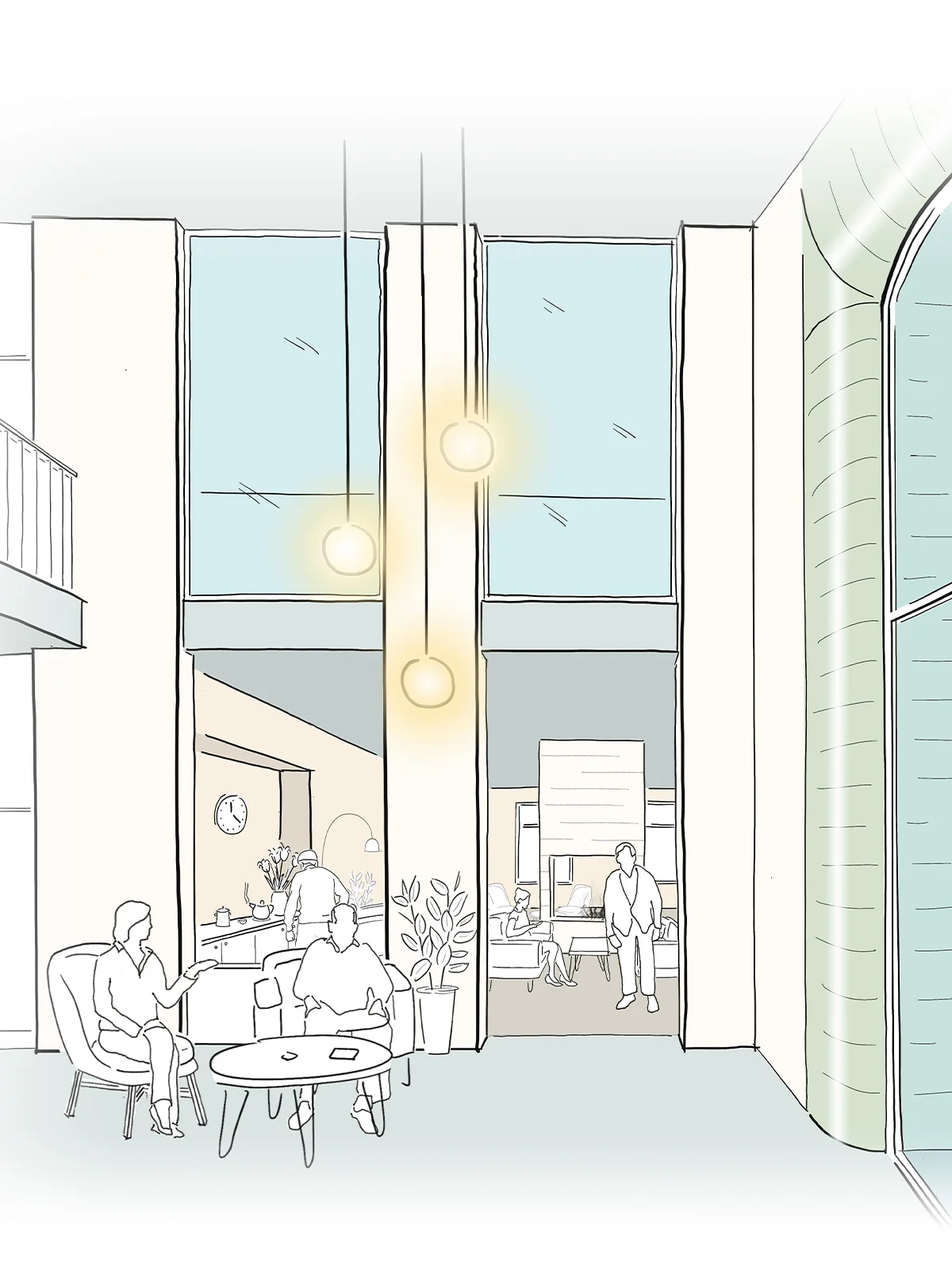 Interior perspective drawing of a double-height living hall with vertical windows and pendant lights by Fathom Architects for Blackfriars Almshouses.