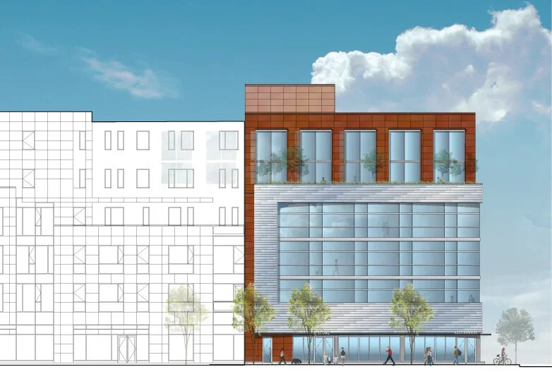 Elevation drawing of an urban infill building facade by Drezner Architecture, showing a mix of rust-red panels, curtain wall glazing, and a lighter wireframe adjacent building.