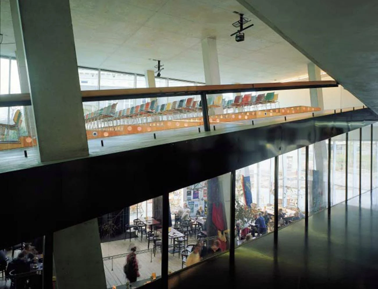 Interior of the Kunsthal in Rotterdam by Rem Koolhaas, showing sloping ramps, concrete columns, and a cafe below.