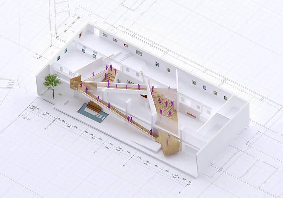 Axonometric cutaway diagram of Gallery Delta by Daipu Architects, showing an intersecting ramp and staircase system.