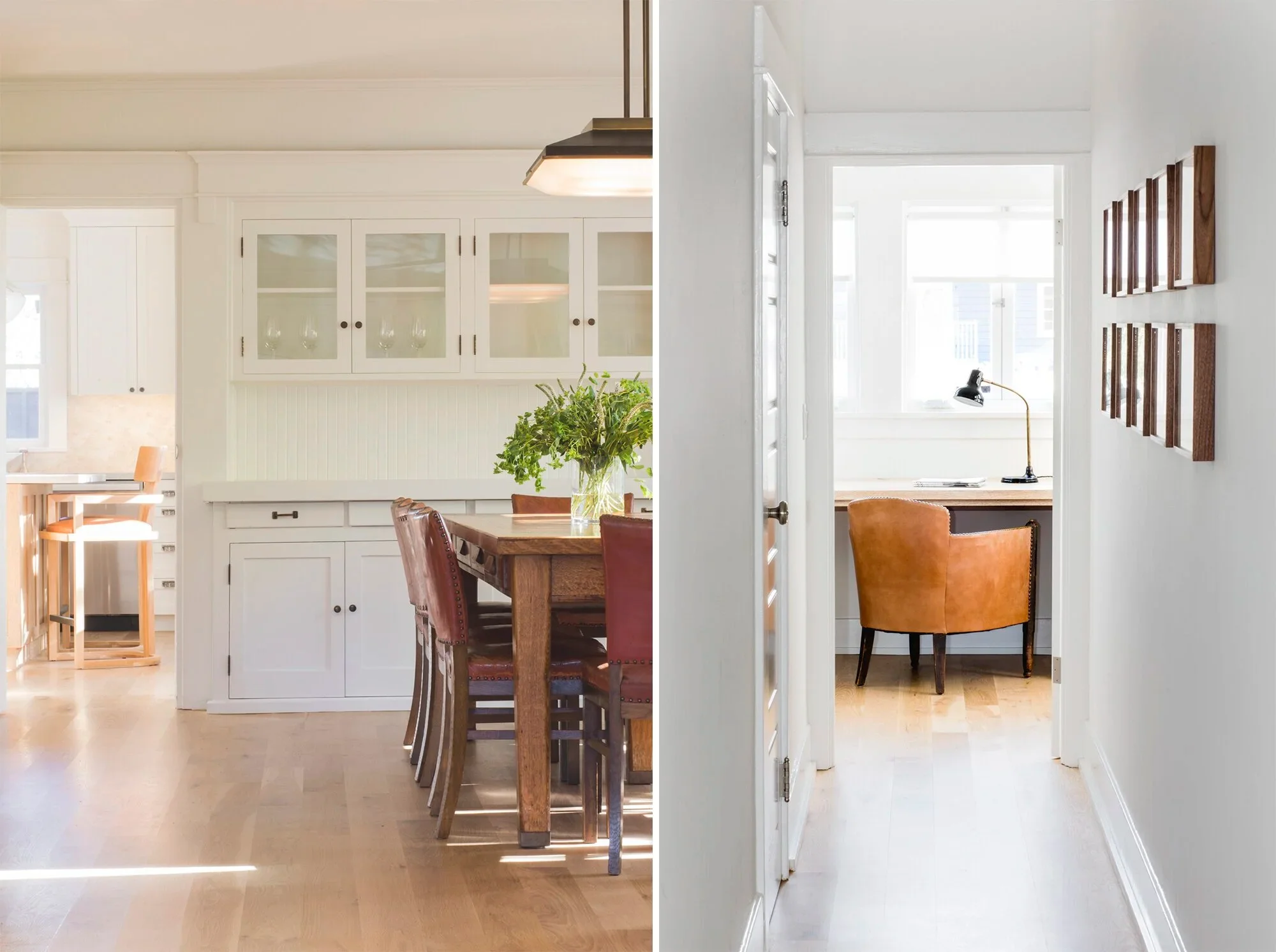 Interior split view showing a white built-in dining hutch and a view down a hallway toward a light-filled home office by Outfit Home Inc.