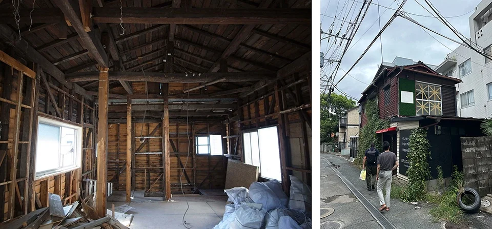Before and after interior timber frame renovation and narrow street exterior view of a small building.