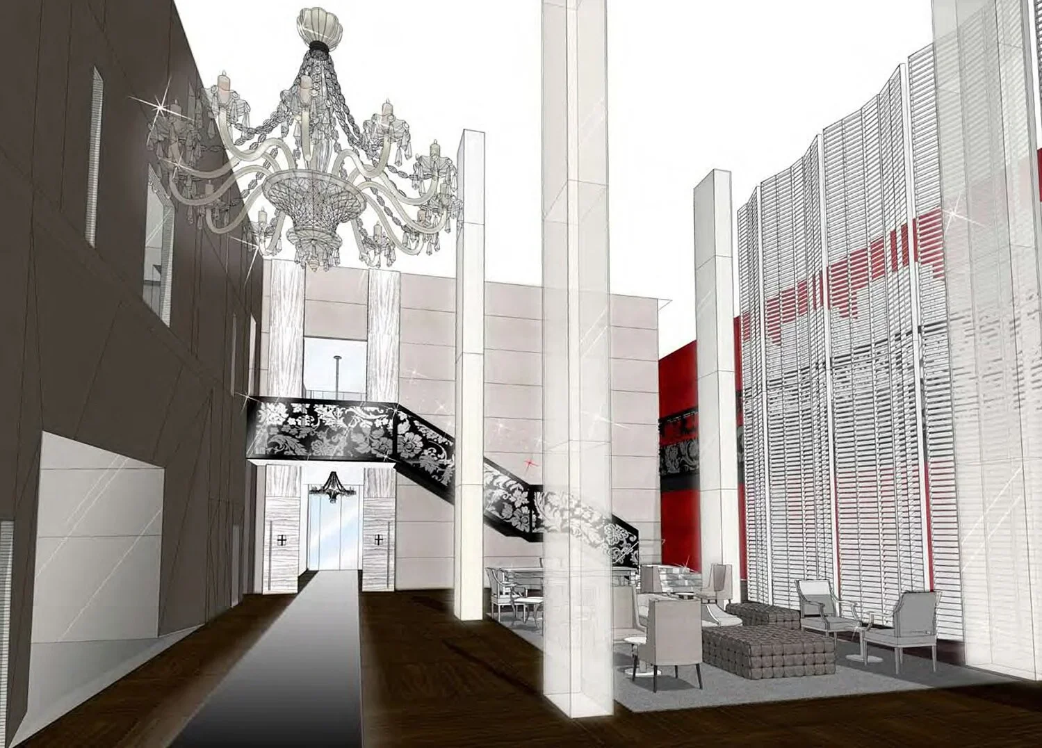 Interior perspective rendering of a double-height commercial lounge with a large crystal chandelier and louvered wall by Jasmine Lam Design Studio.