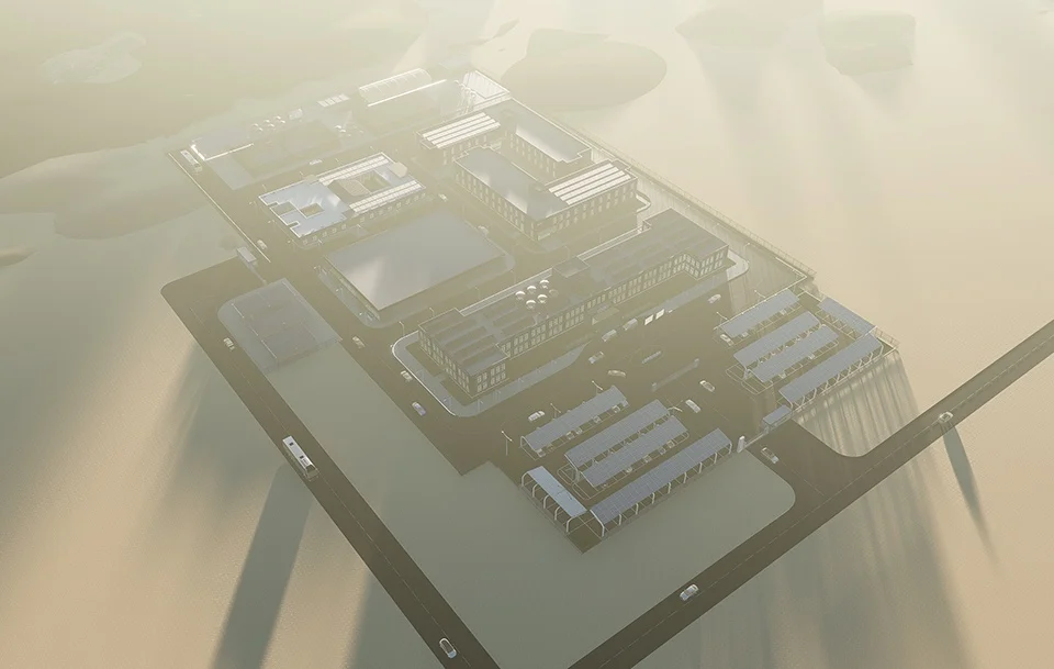 High aerial rendering of a large industrial or camp compound complex set in a vast landscape by Epiphany Architects.