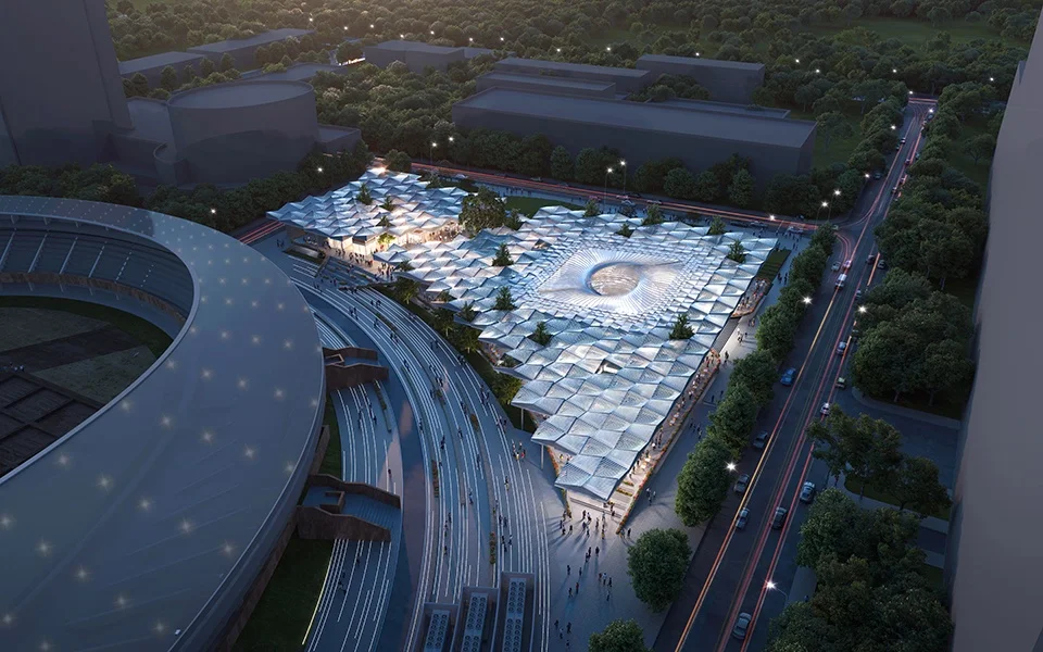 Aerial night rendering of a large civic pavilion with an undulating modular canopy and central oculus, by Epiphany Architects in Chengdu.