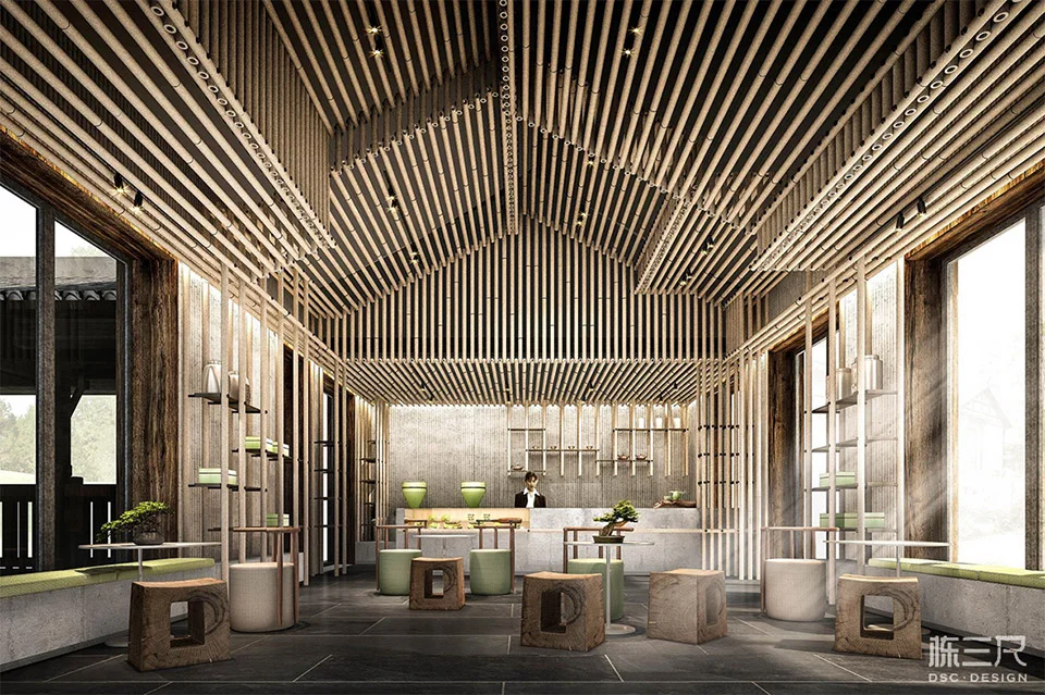 Interior of a retail matcha workshop with intensive bamboo louver ceiling and wall cladding by DSC Design.
