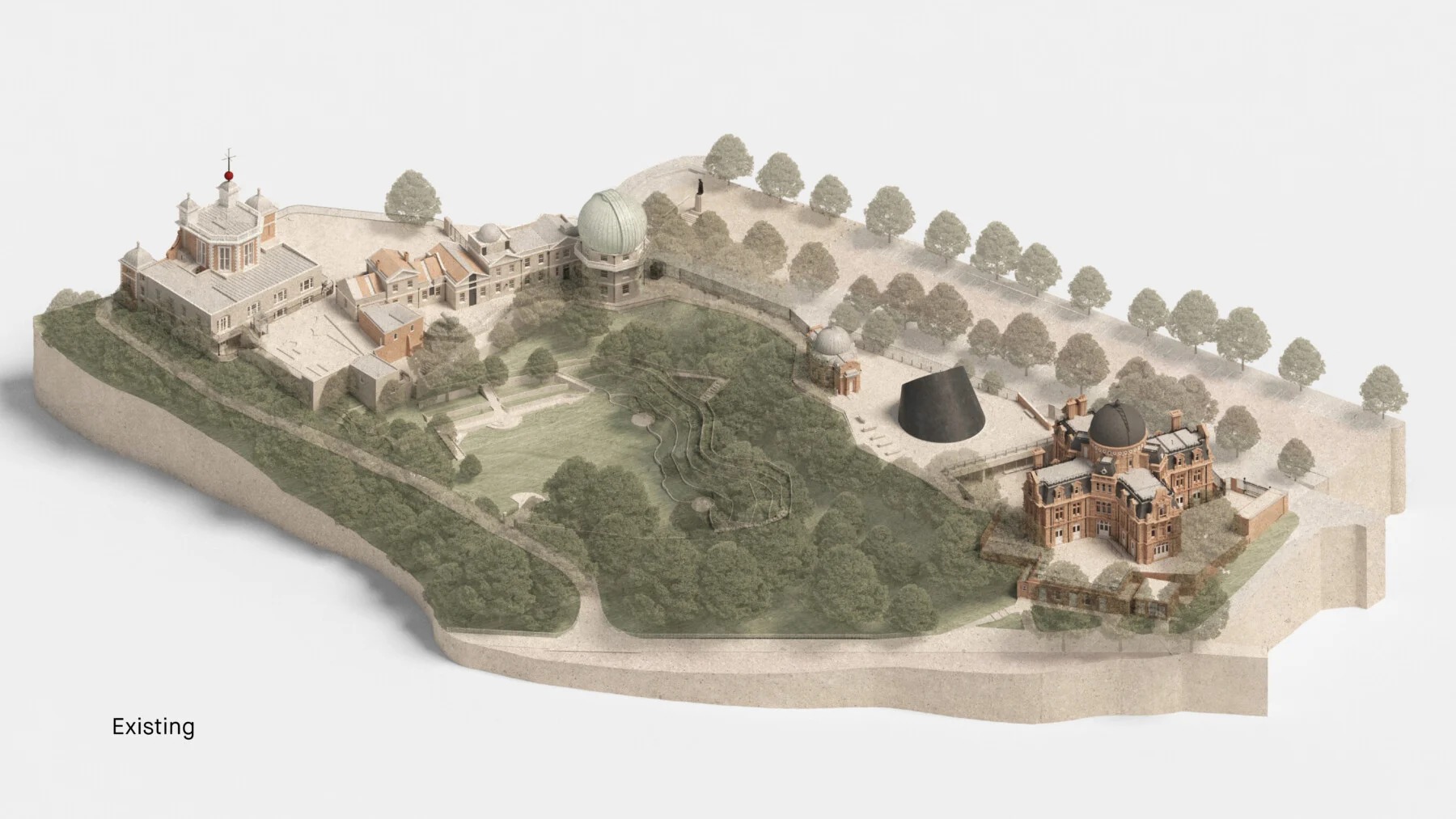 Axonometric site model of Royal Observatory Greenwich showing existing historic brick buildings, domes, and parkland topography by Jamie Fobert Architects.