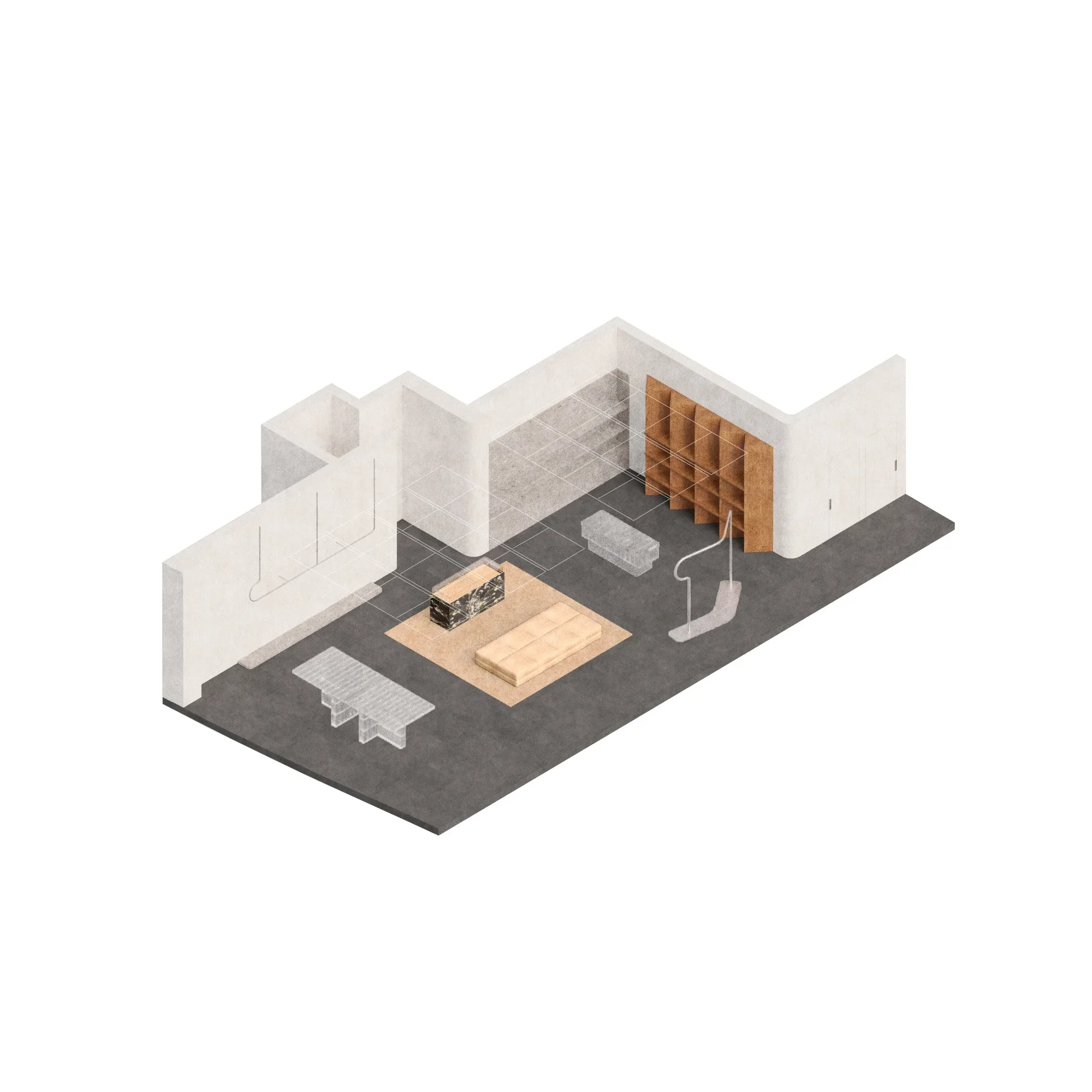 Axonometric floor plan drawing of a retail interior by Al-Jawad Pike showing casework, display tables, and zoning.