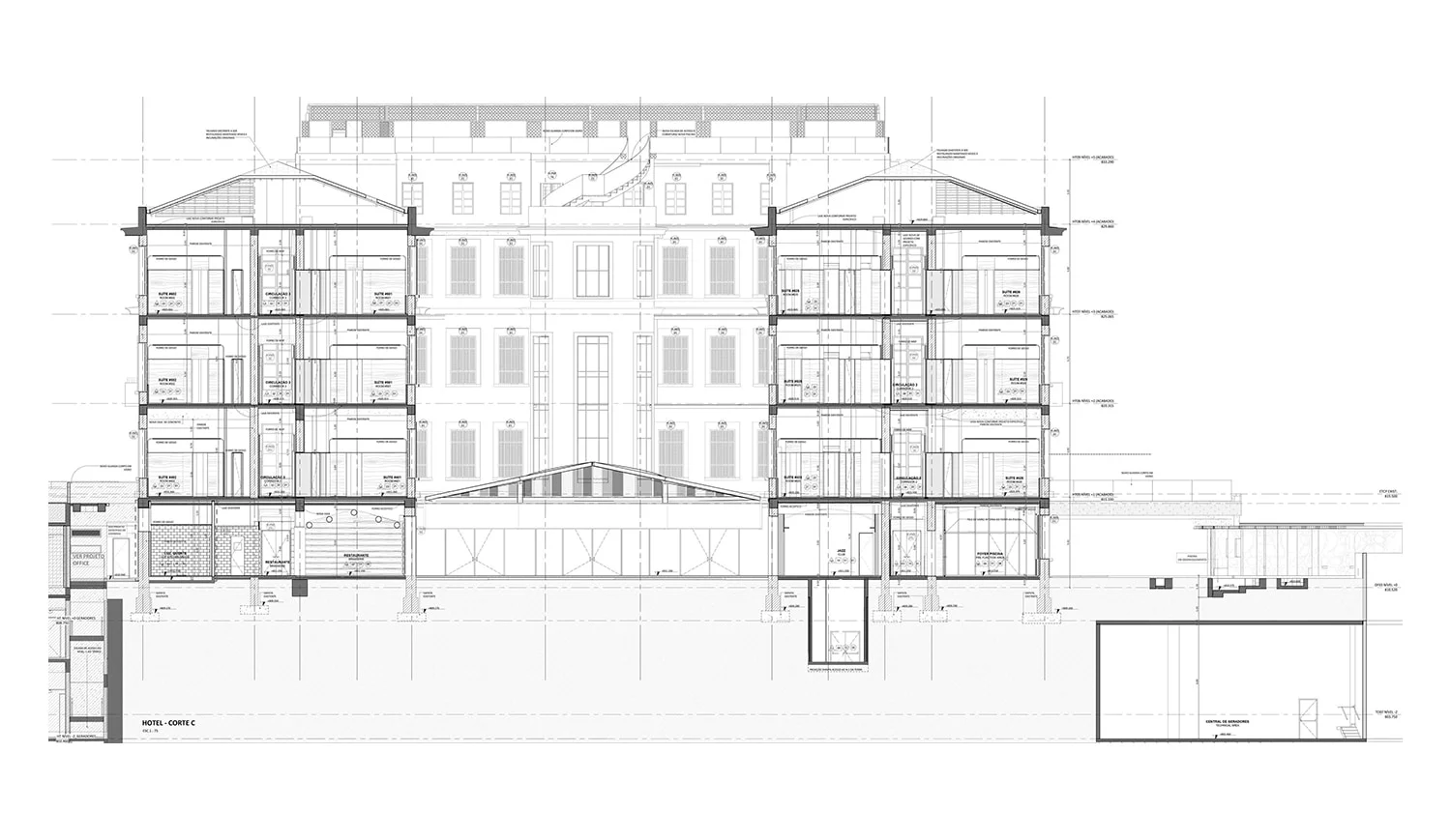 Architectural section drawing of Palace Matarazzo by Triptyque showing multi-level hotel program and pitched roofs.