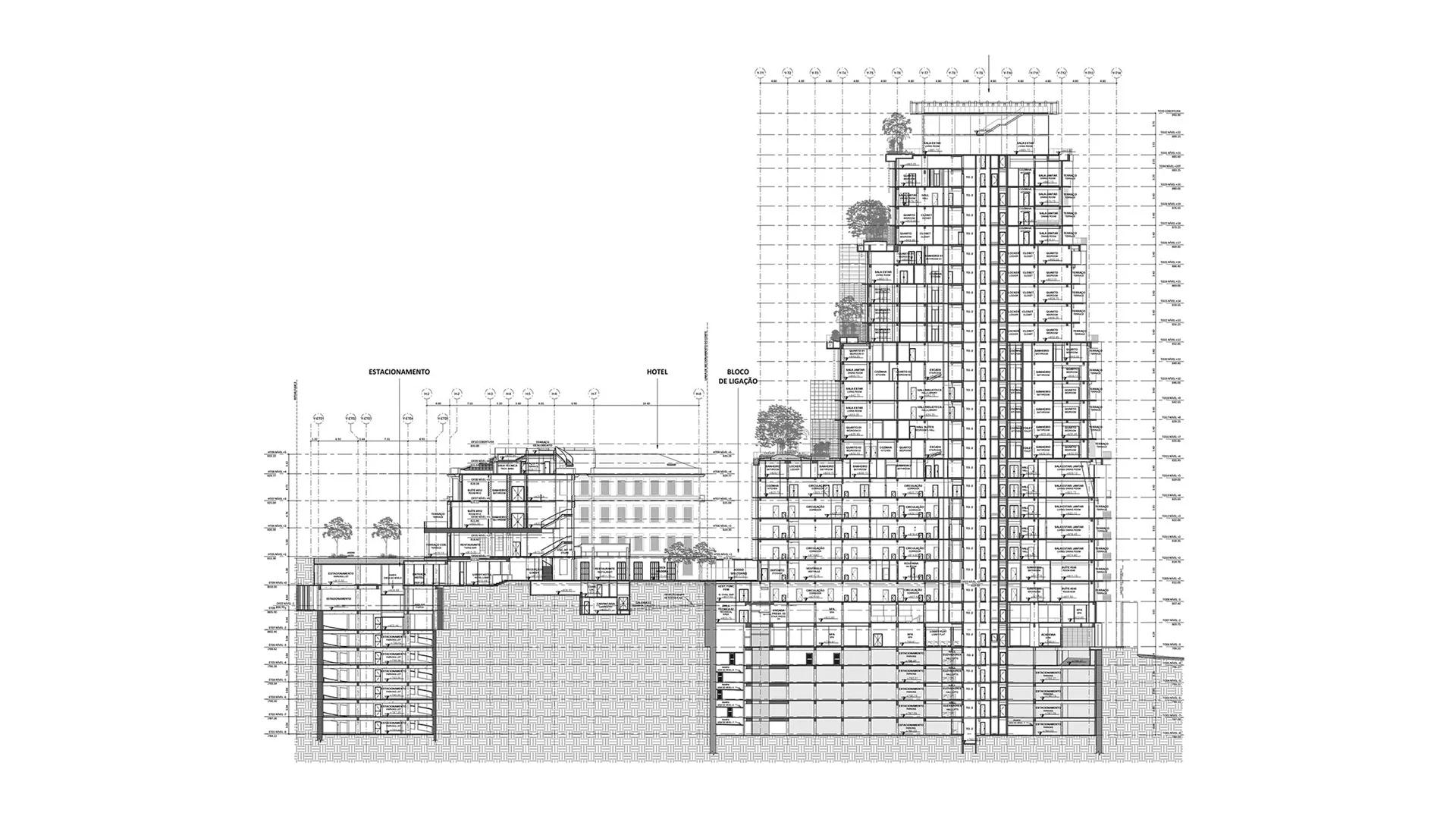 Architectural building section by Triptyque showing a stepped tower, historic hotel block, and subterranean parking levels.