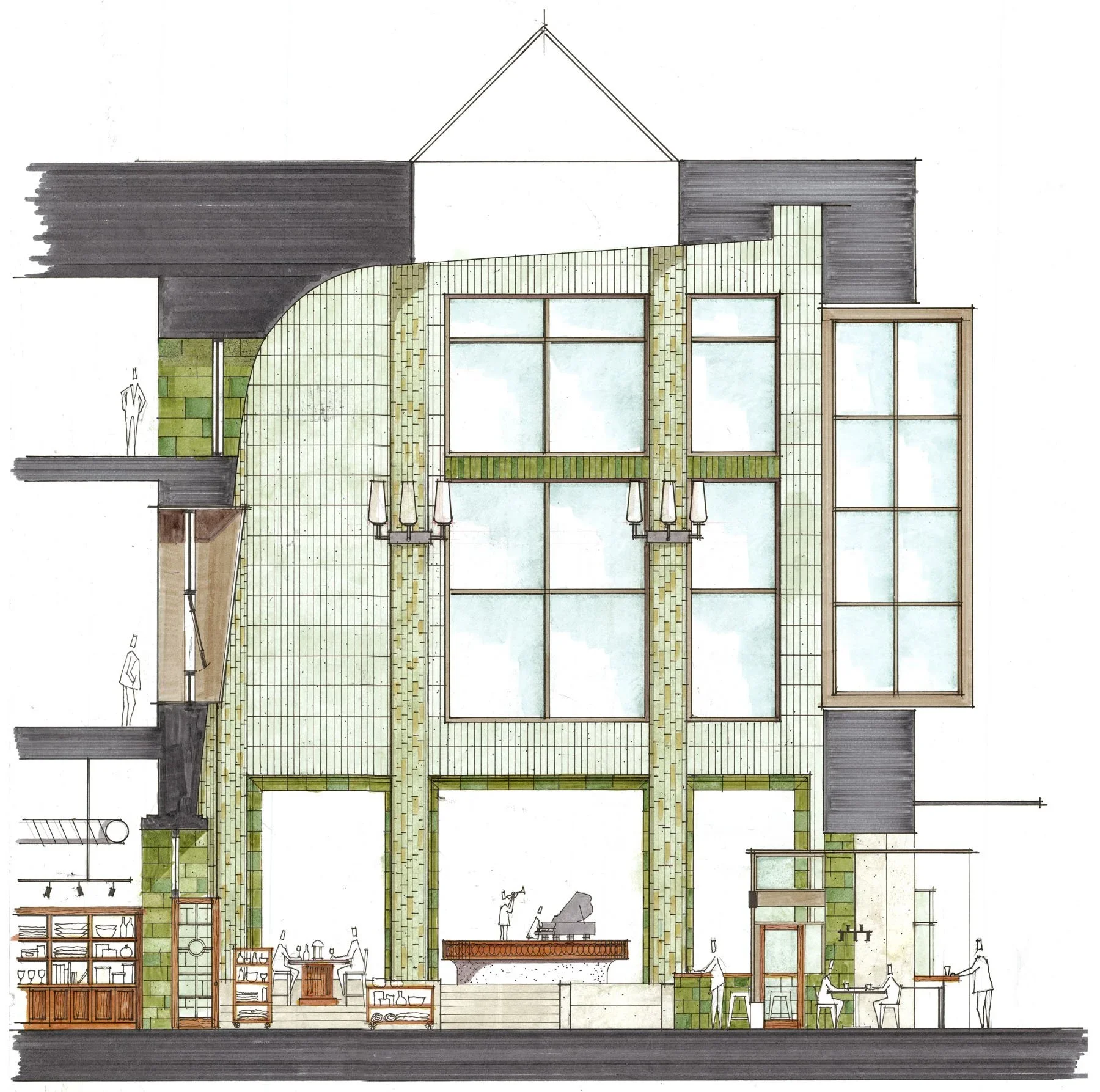 Detailed architectural section drawing of a double-height public interior with tiled walls and large windows by SkB Architects.