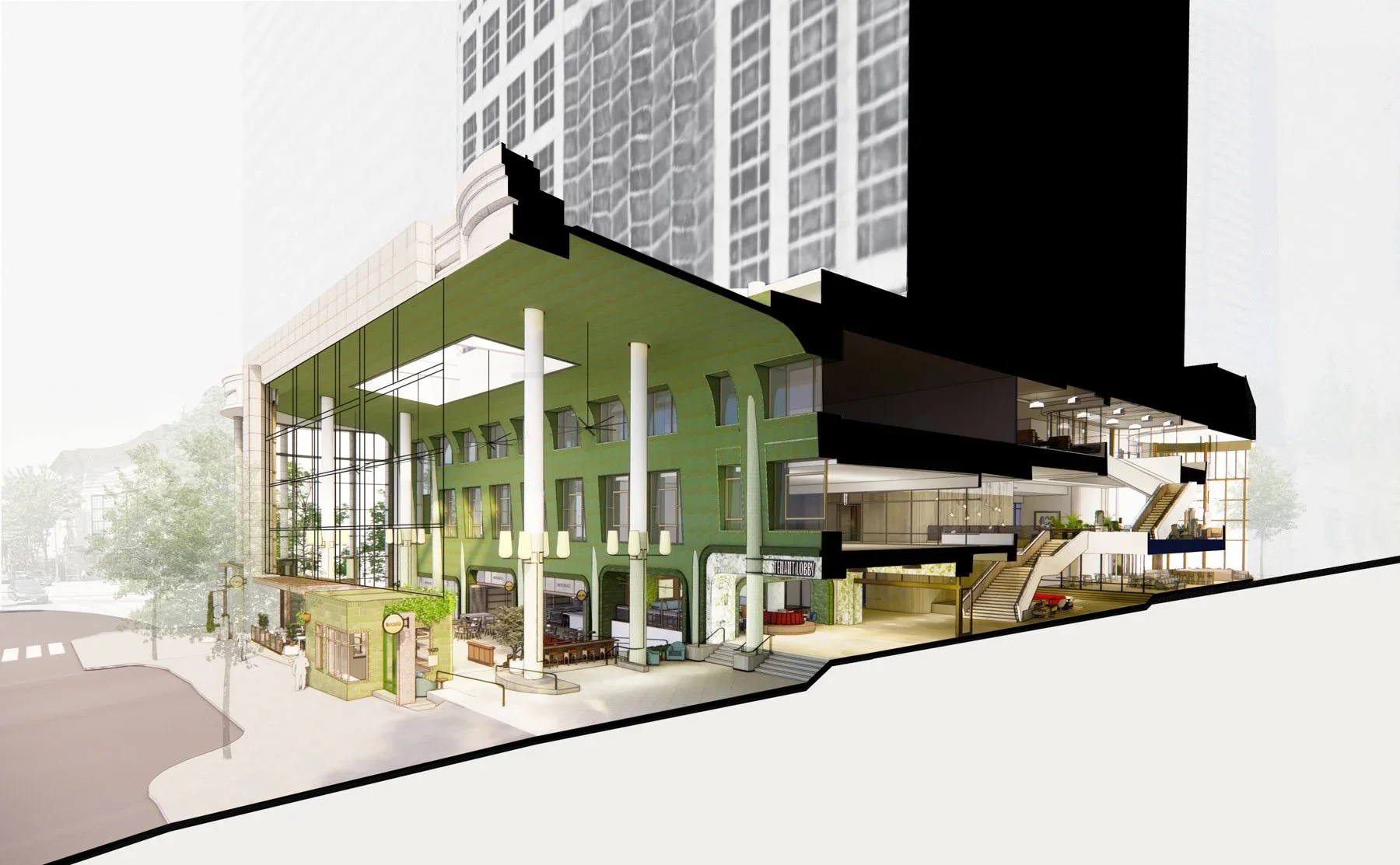 Axonometric cutaway drawing of U.S. Bank Center by SkB Architects showing multi-level interior spaces and green facade.