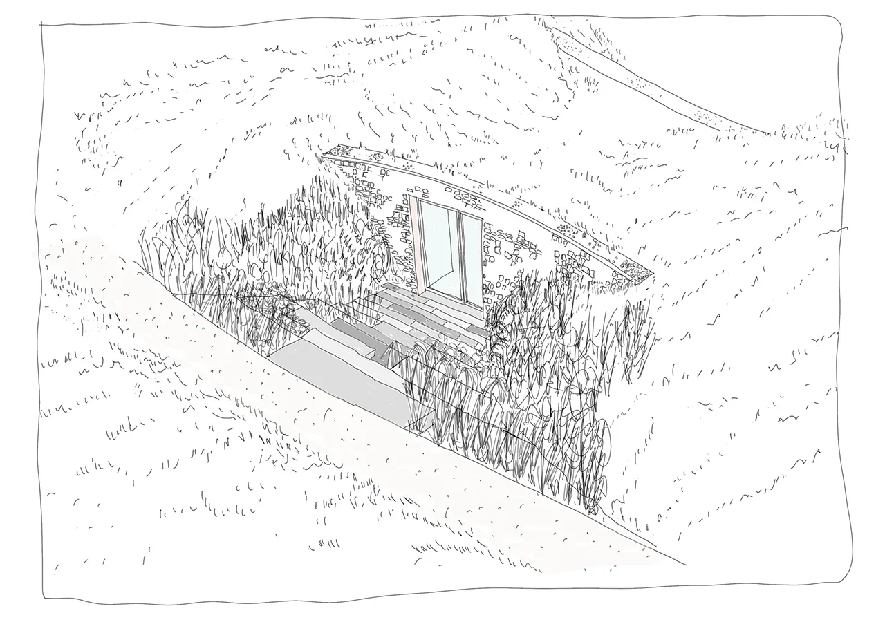 Isometric architectural sketch of a subterranean dwelling embedded in a grassy slope with a stone-faced entry court by PAD studio.