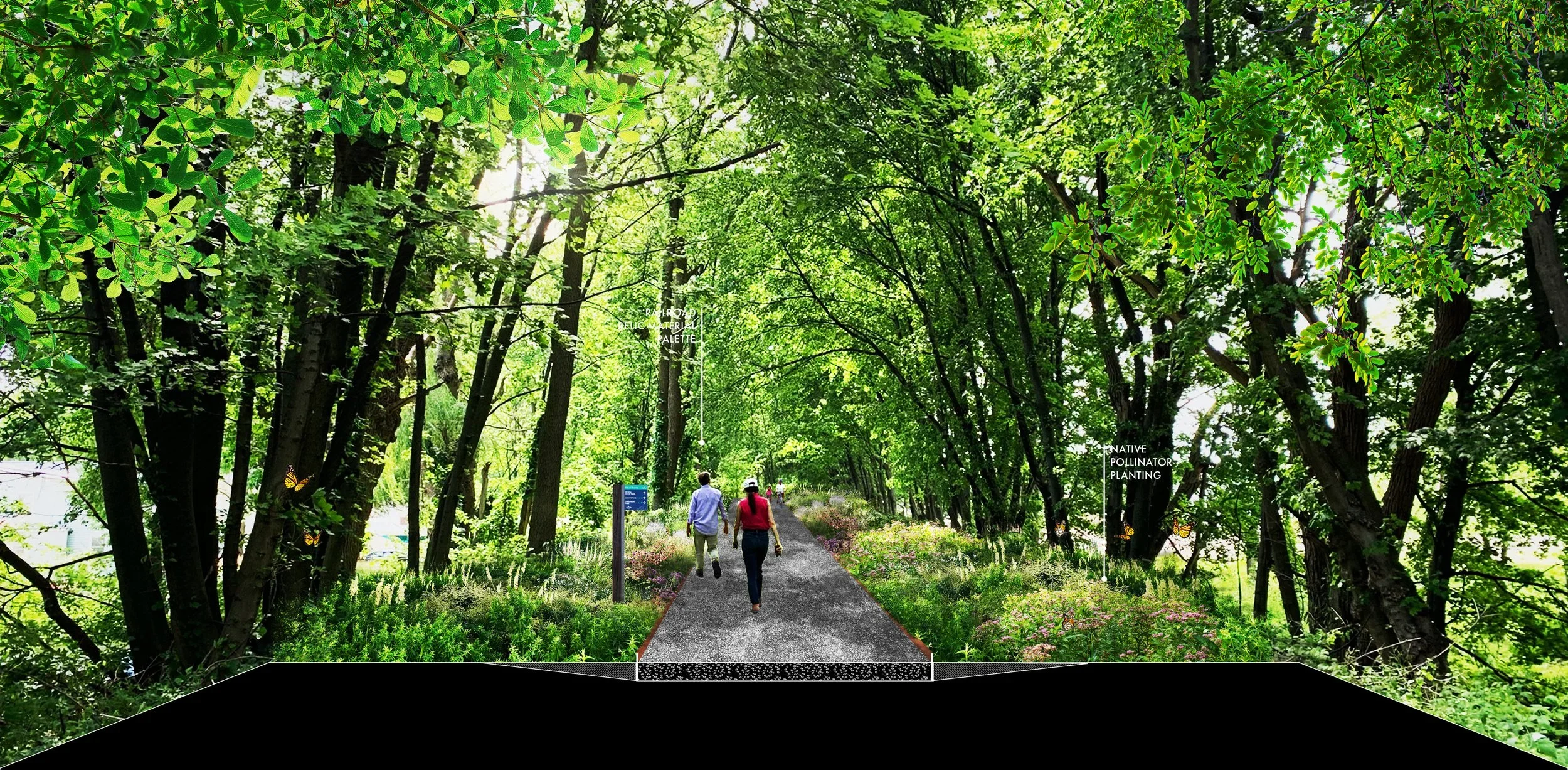 Perspective rendering of Lehigh Valley Rail Trail by Office for the Next Environment showing a crushed stone path through dense native pollinator planting and mature trees.