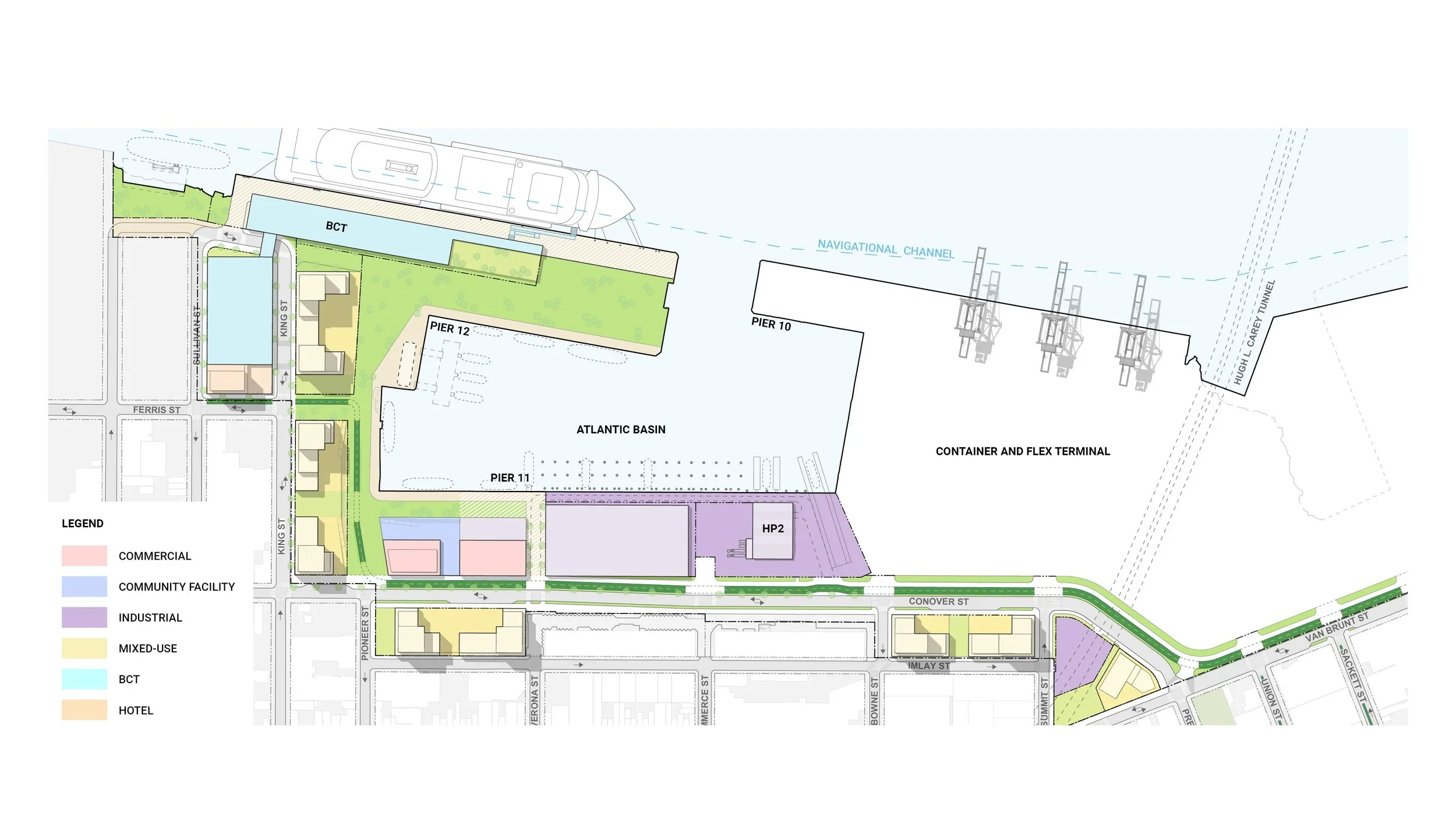 Master plan drawing of Brooklyn Marine Terminal waterfront by Office for the Next Environment, showing piers, basins, and programmatic zoning.
