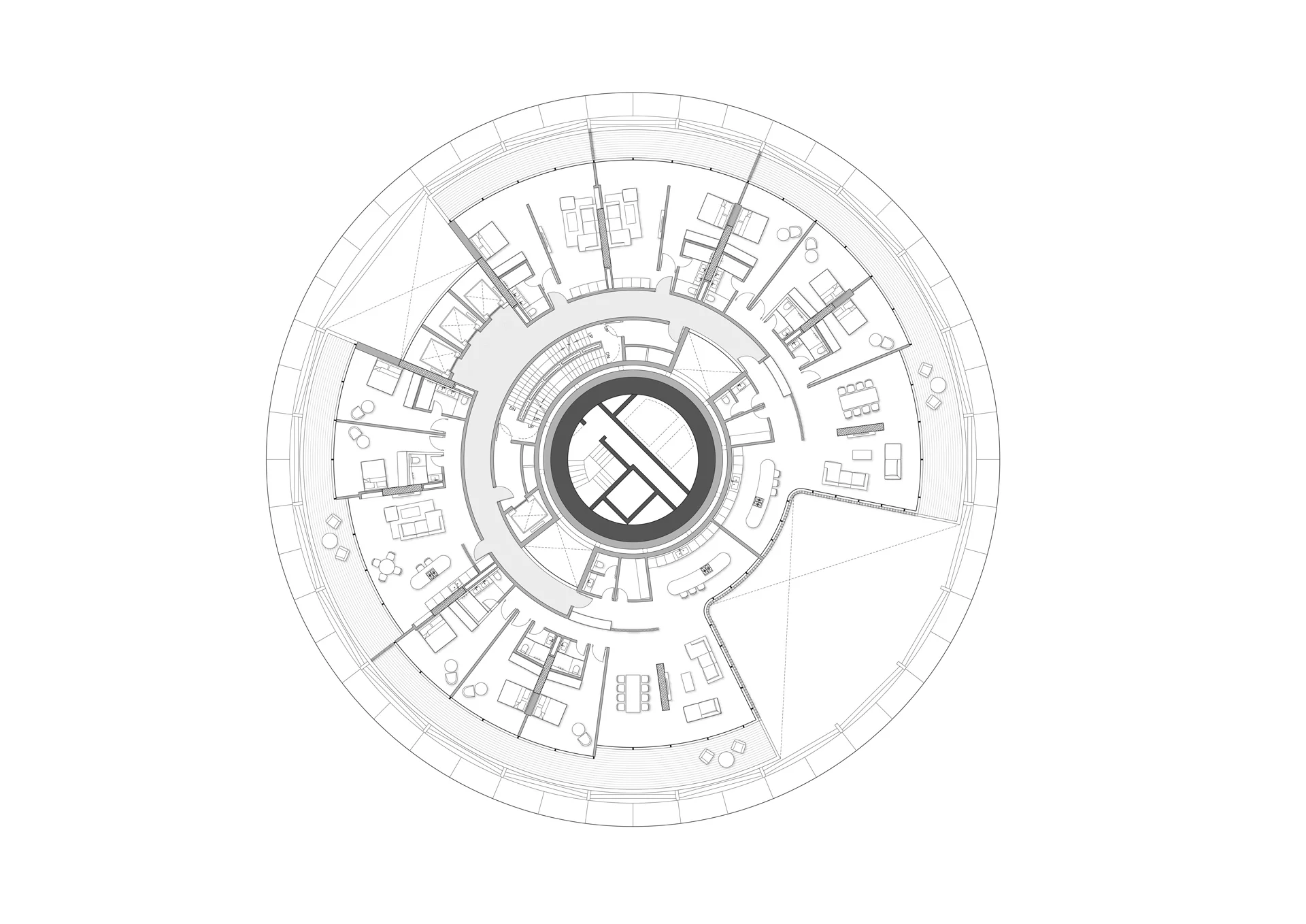Concentric circular architectural floor plan drawing by JKP Architects showing radial partitions and a central core.