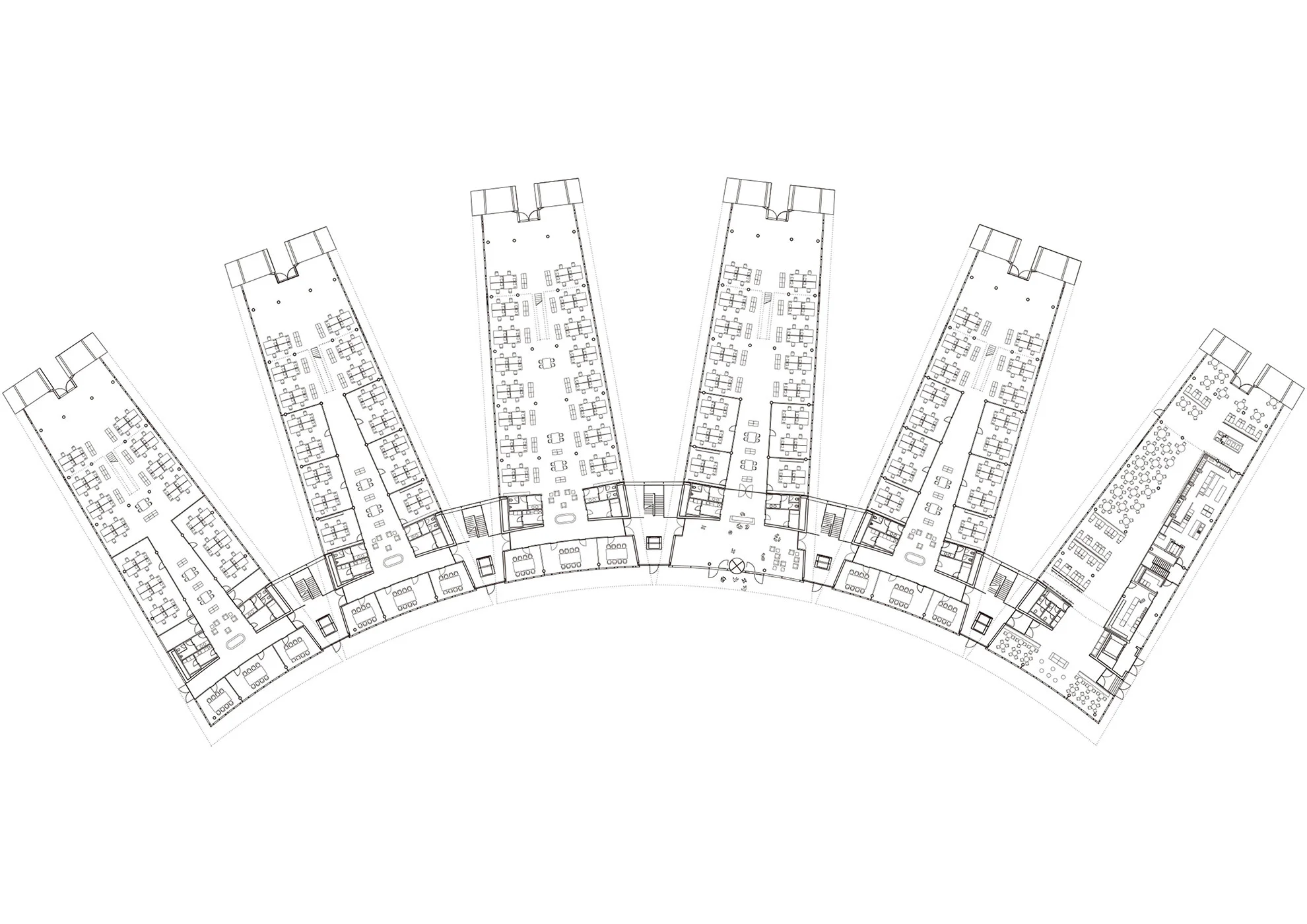 Architectural floor plan by JKP Architects showing a radial finger-plan layout for Burda Media Park.