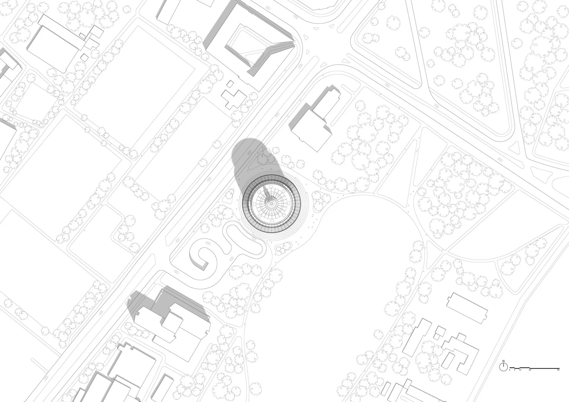 Site plan and roof diagram of a circular tower with concentric rings and cast shadow, by JKP Architects.