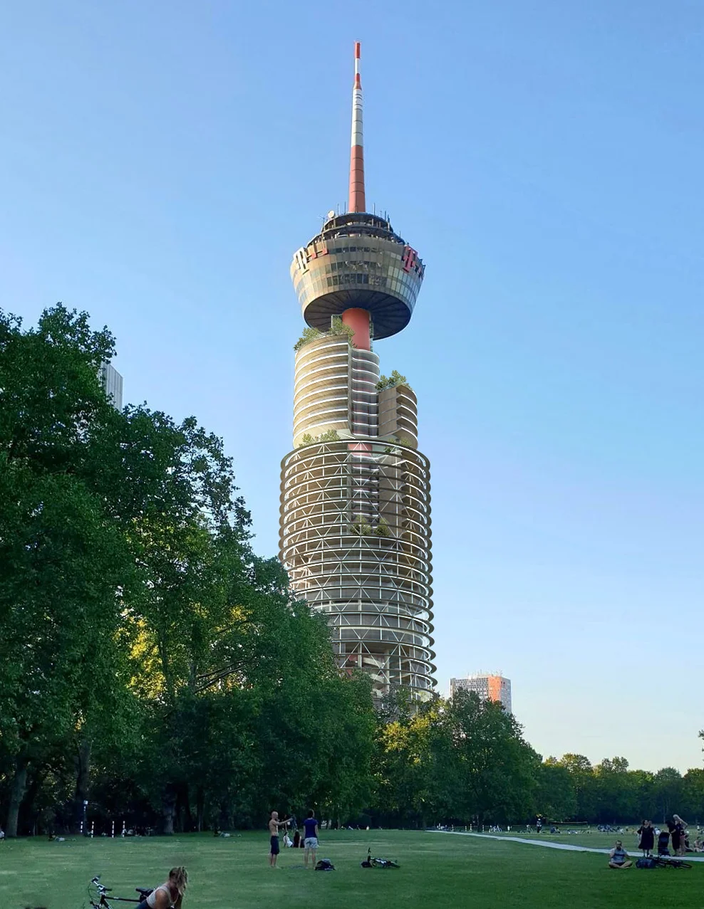 Colonius TV Tower rising behind a green park with people relaxing on the lawn.