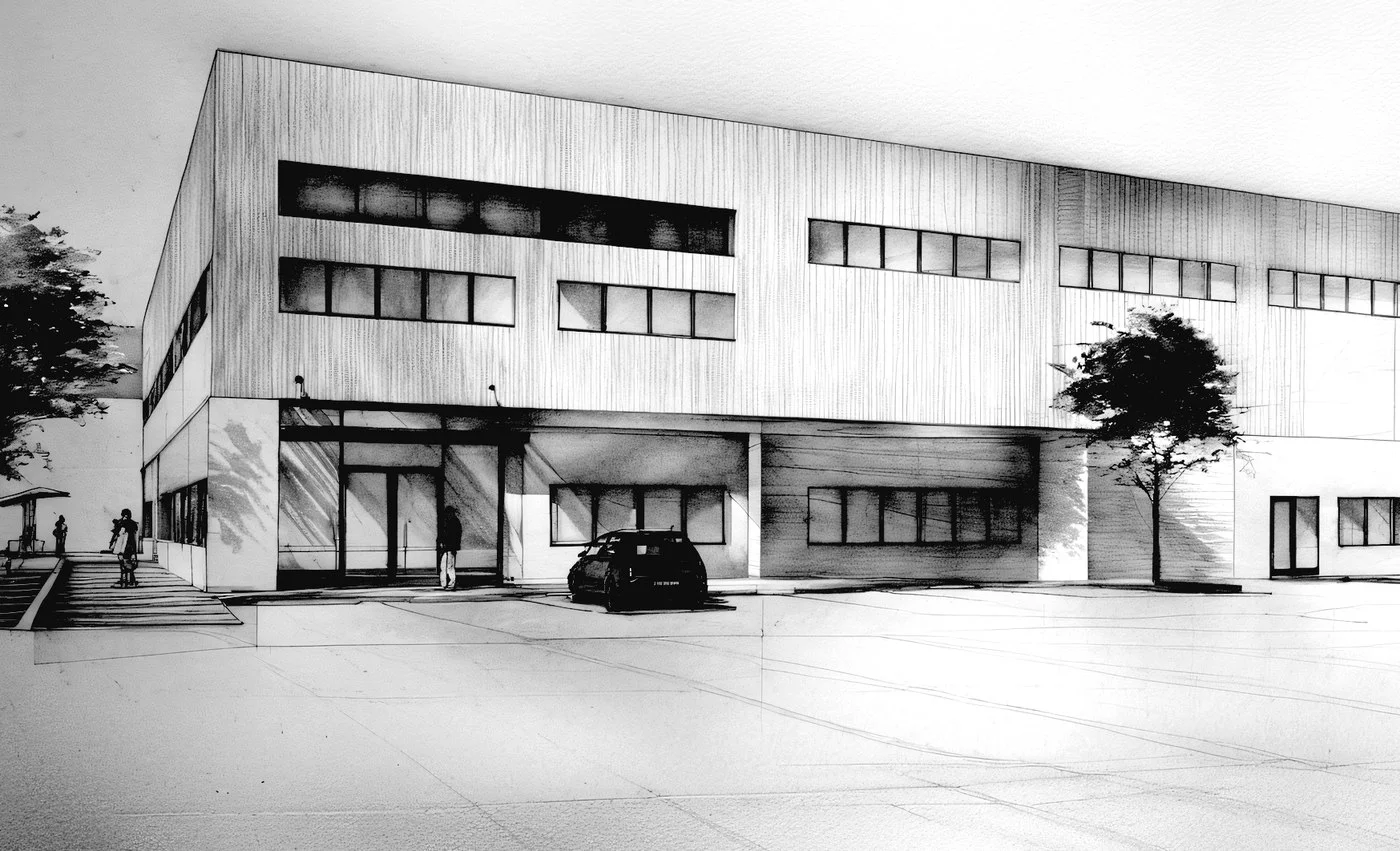 Perspective drawing of 375 Fairfield Ave Building B by Jason Little Architects, showing a two-story commercial facade with vertical cladding.