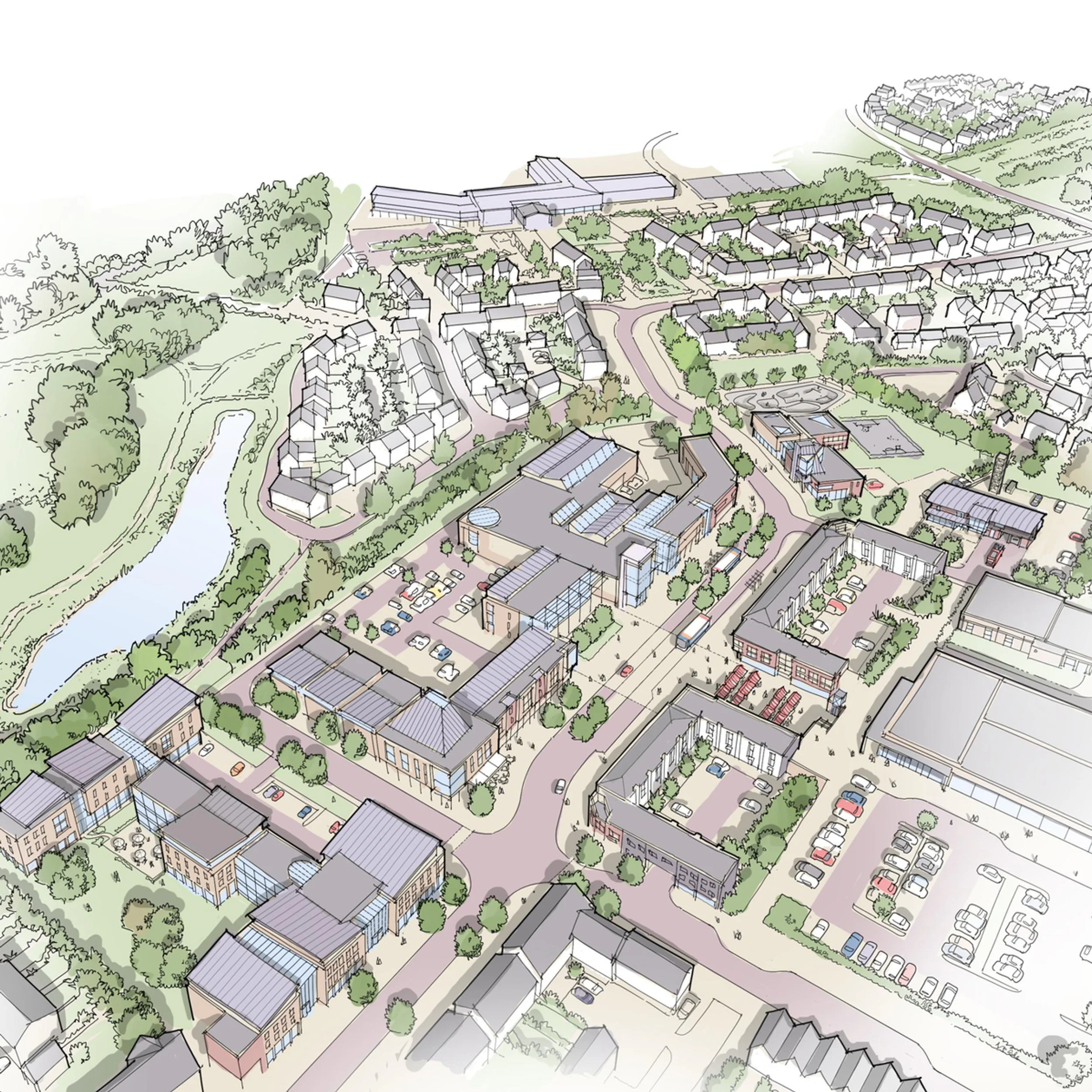 Aerial axonometric masterplan drawing of a town center and housing development by David Lock Associates.