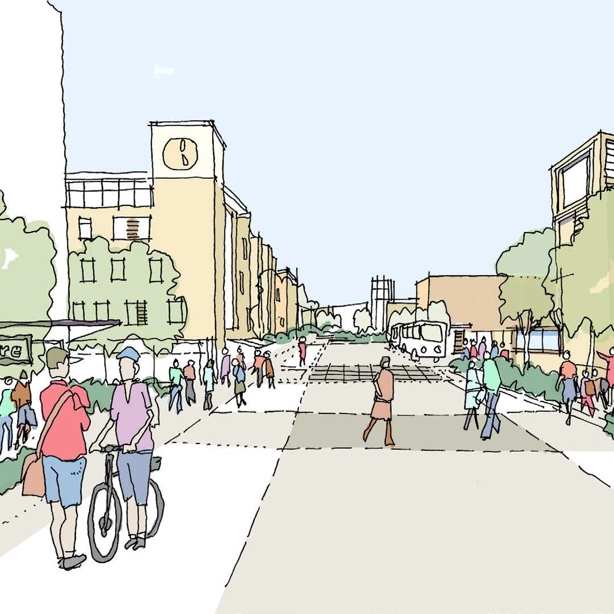Hand-drawn colored urban design sketch of a pedestrian-friendly street by David Lock Associates.