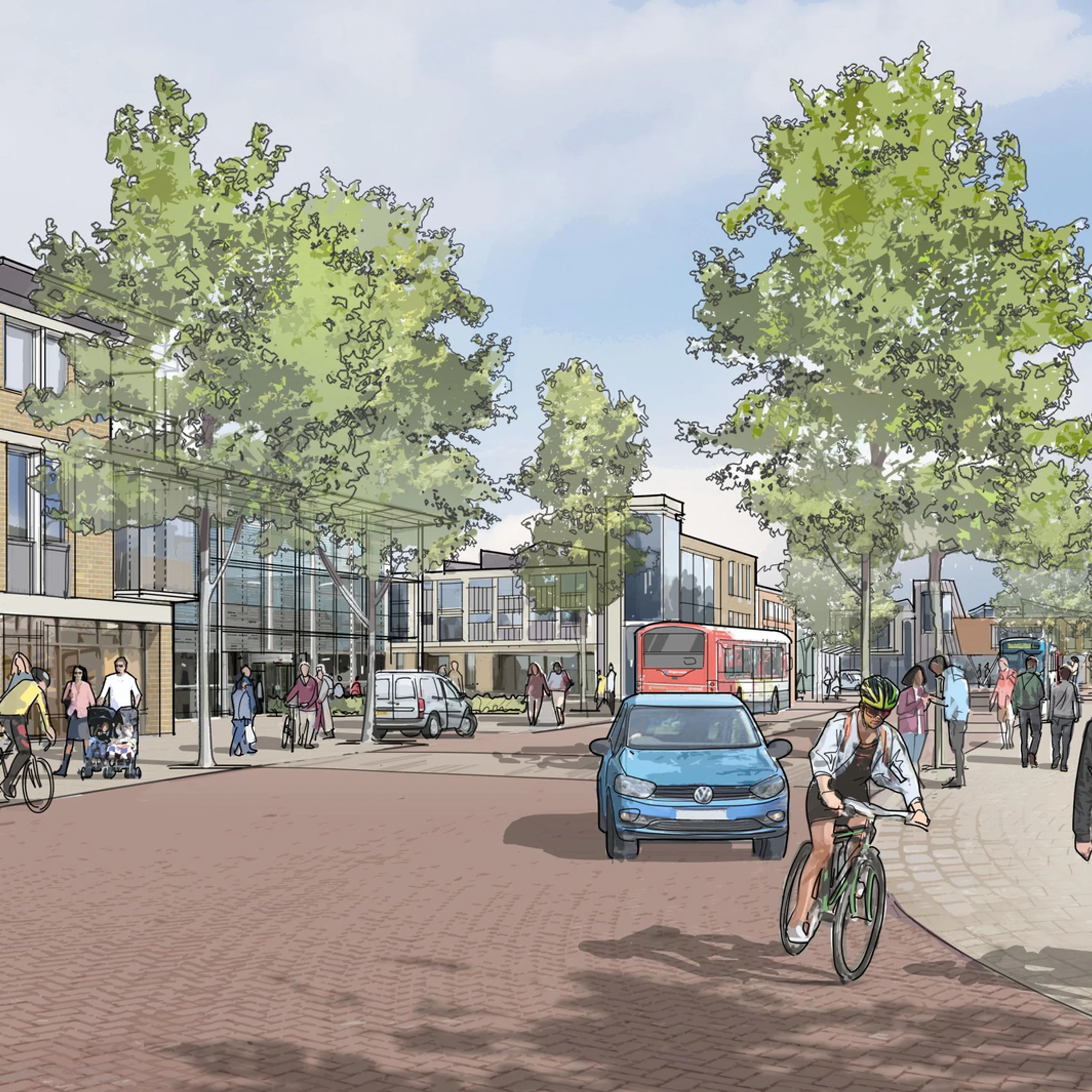 Urban design watercolor and ink perspective showing a shared-surface town square with pedestrians, cyclists, and low-rise mixed-use buildings by David Lock Associates.