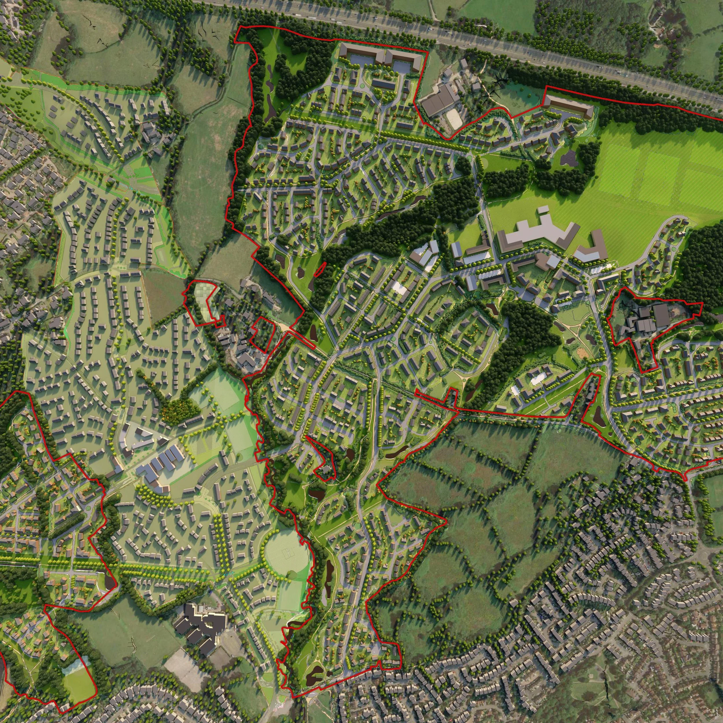 Aerial masterplan rendering outlined in red by David Lock Associates showing extensive suburban and town planning layout.