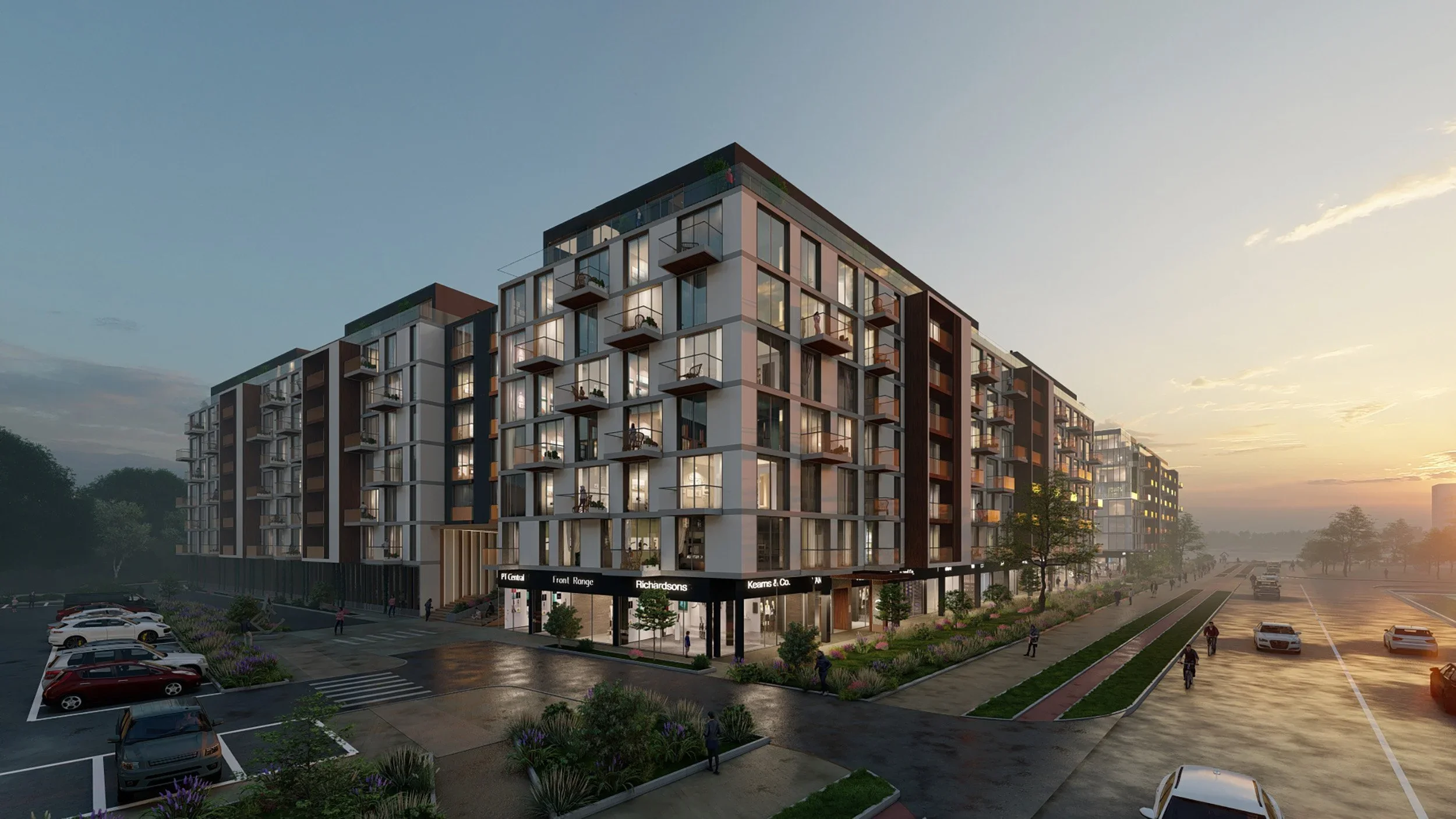 Exterior dusk rendering of Infinity Nord mixed-use residential blocks with grid facade and retail base by Design International.