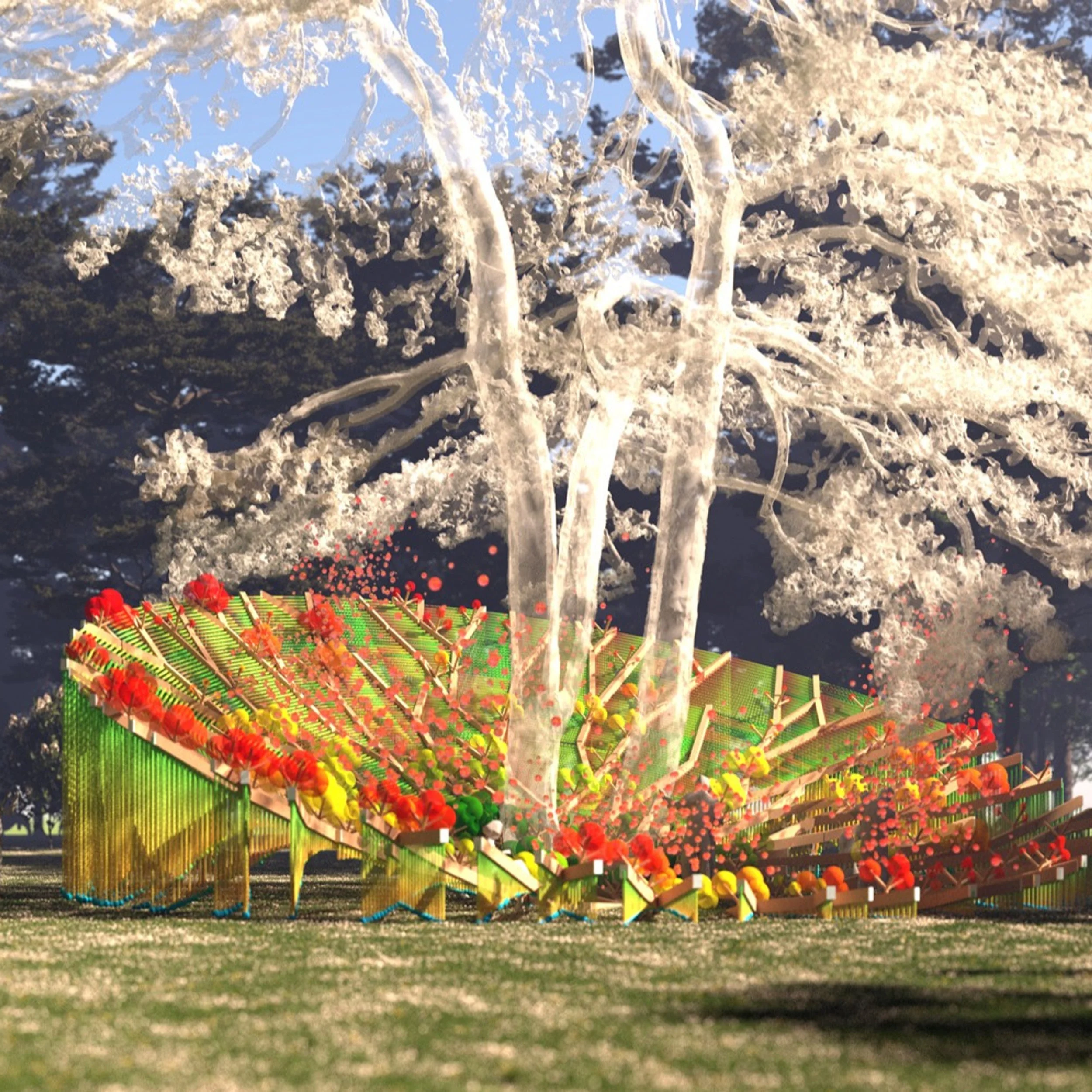 Conceptual pavilion by Holt Architecture featuring a curved, louvered timber screen with red and yellow accents around a translucent tree sculpture in a park.